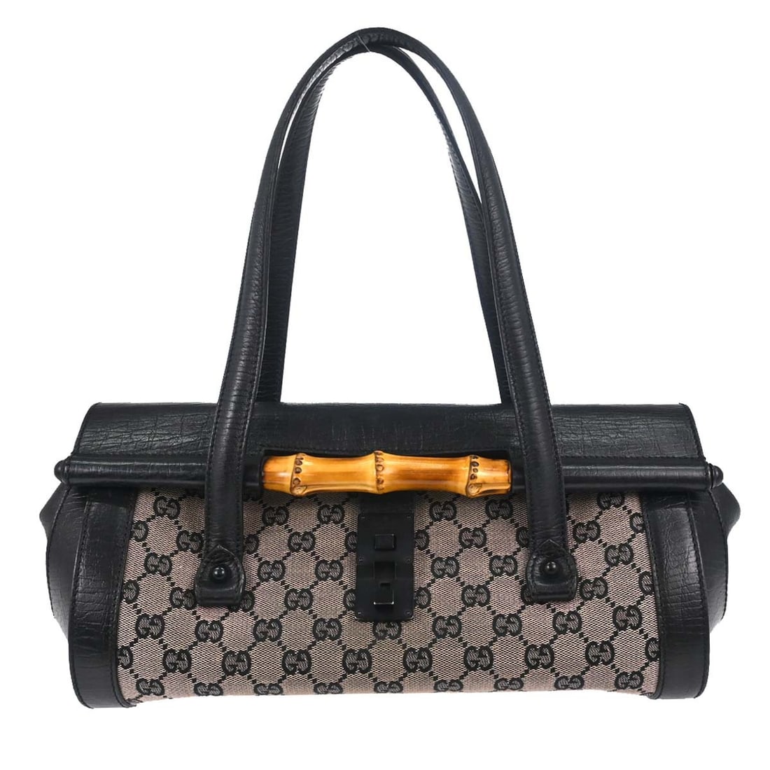 Gucci Bamboo medium handbag in black gray GG canvas leather: Gucci Bamboo medium handbag in black gray GG canvas leather Vintage Gucci Bamboo handbag featuring the Gucci GG pattern with a black and gray exterior. Made in Italy, this medium handbag is crafted fr