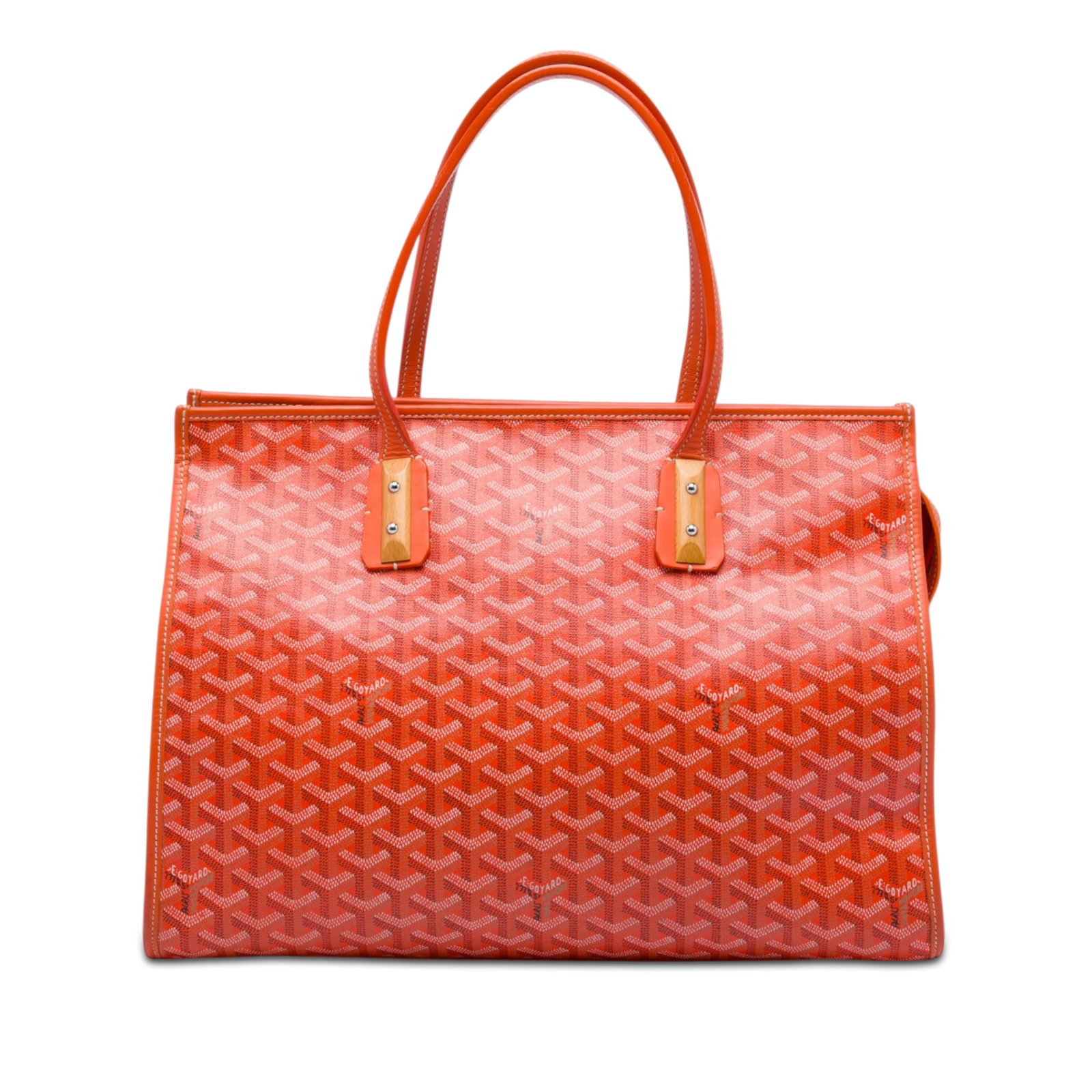 Goyard Marquises Tote in Orange Coated Canvas with Leather Trim: Goyard Marquises Tote in Orange Coated Canvas with Leather Trim This Goyardine Marquises tote features a coated canvas body with leather trim, flat leather straps, a top zip closure, and an interior s