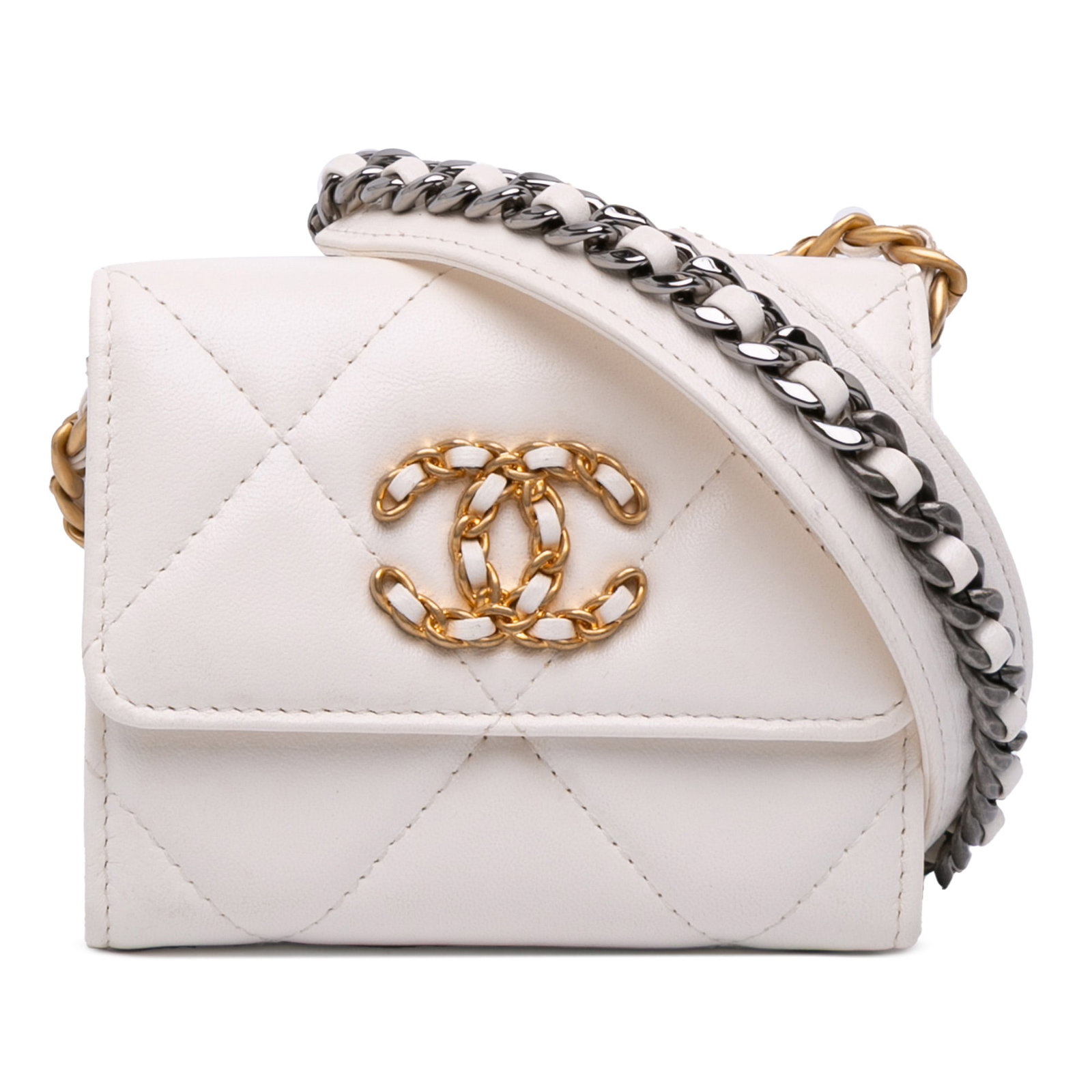 Chanel 19 white quilted lambskin card holder on chain: Chanel 19 white quilted lambskin card holder on chain This Chanel 19 card holder on chain is crafted from quilted lambskin leather in white and features gold-tone hardware. It includes a leather-woven