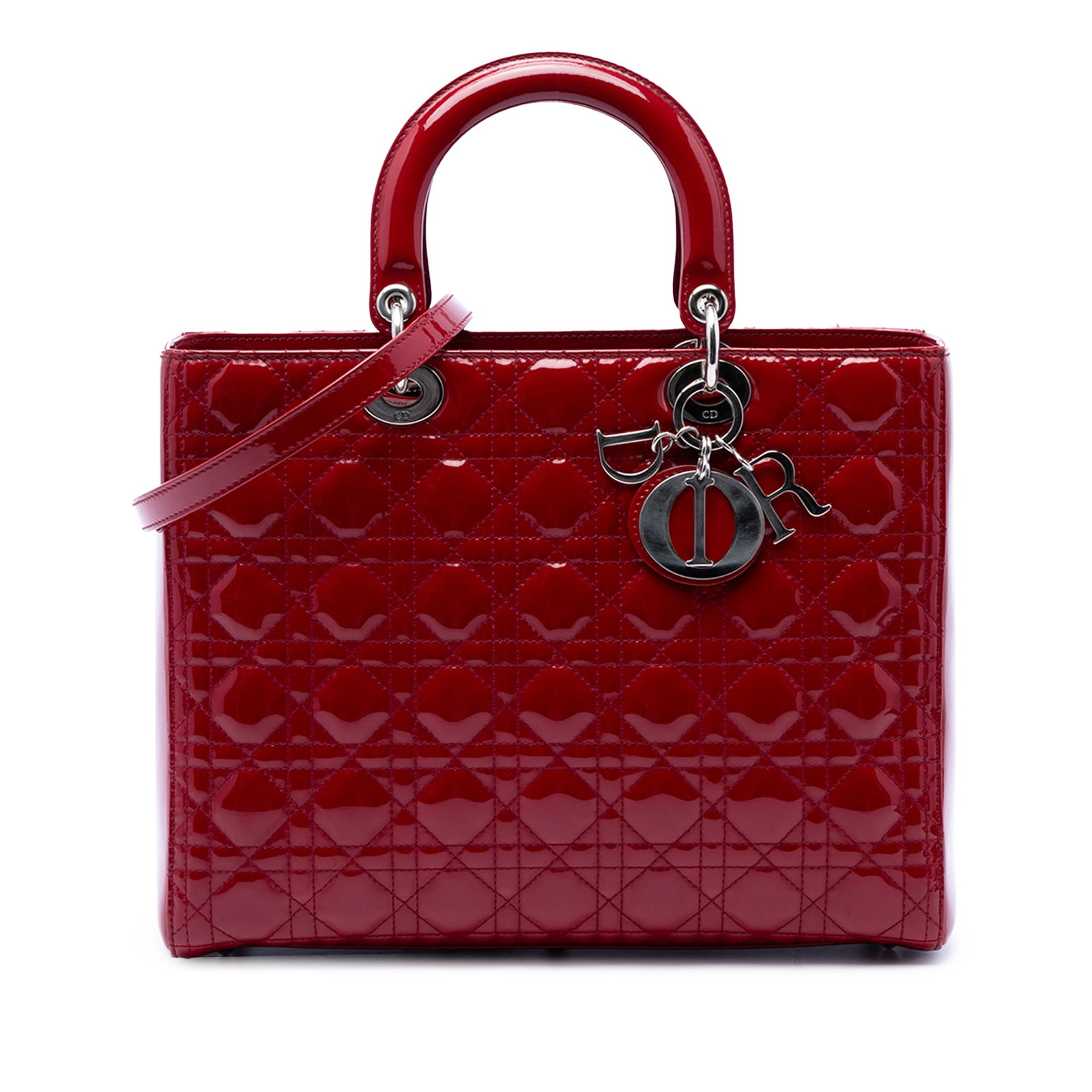 Dior Lady Dior Large Red Patent Leather Cannage Handbag: Dior Lady Dior Large Red Patent Leather Cannage Handbag Large Lady Dior bag in red patent leather with the Cannage quilted design. It features rolled top handles, a detachable flat leather strap, a to