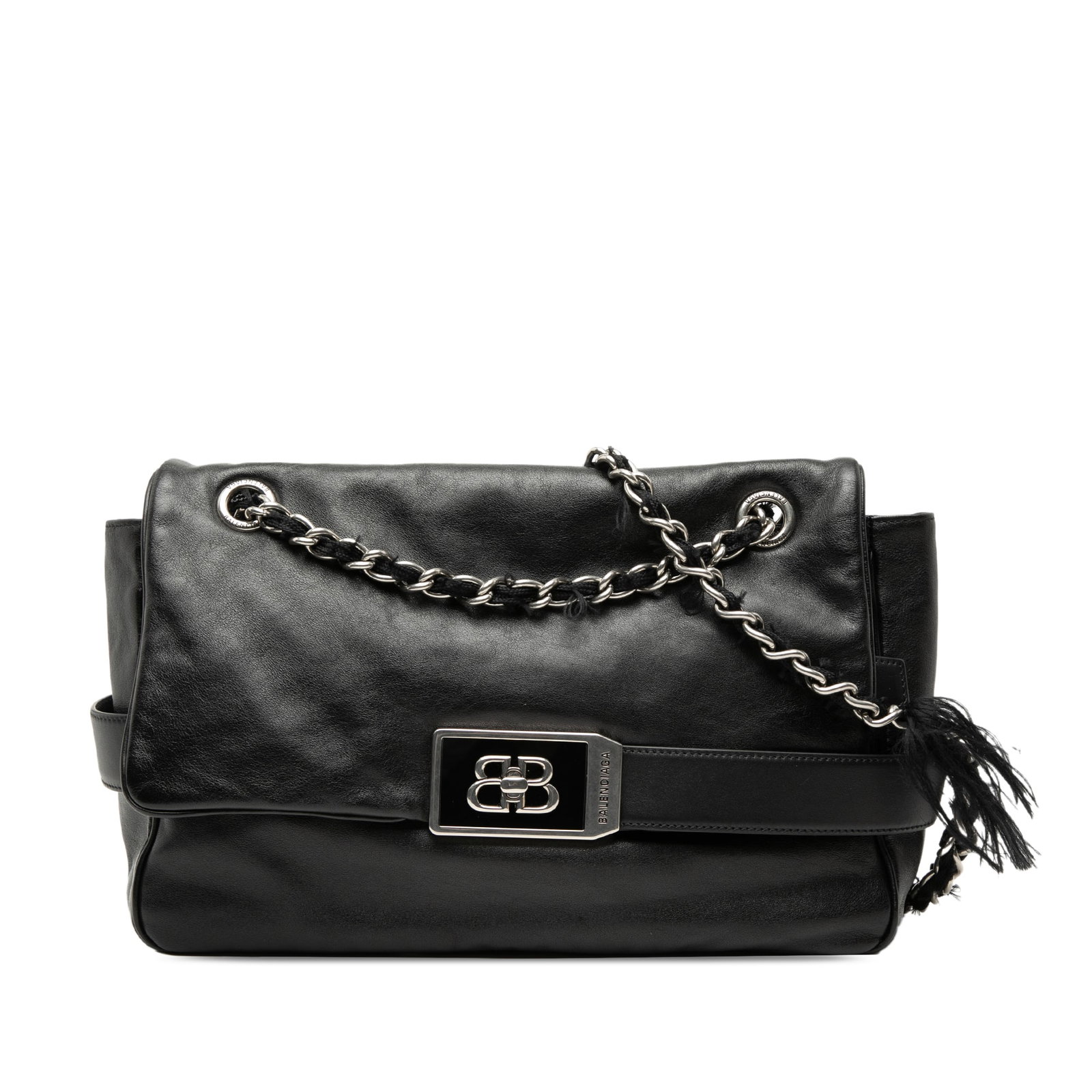 Balenciaga Modu Black Leather Medium Chain Strap Shoulder Bag: Balenciaga Modu Black Leather Medium Chain Strap Shoulder Bag This Balenciaga Medium Leather Modu Shoulder Bag features a black leather body with a leather woven chain link strap. It is designed with 
