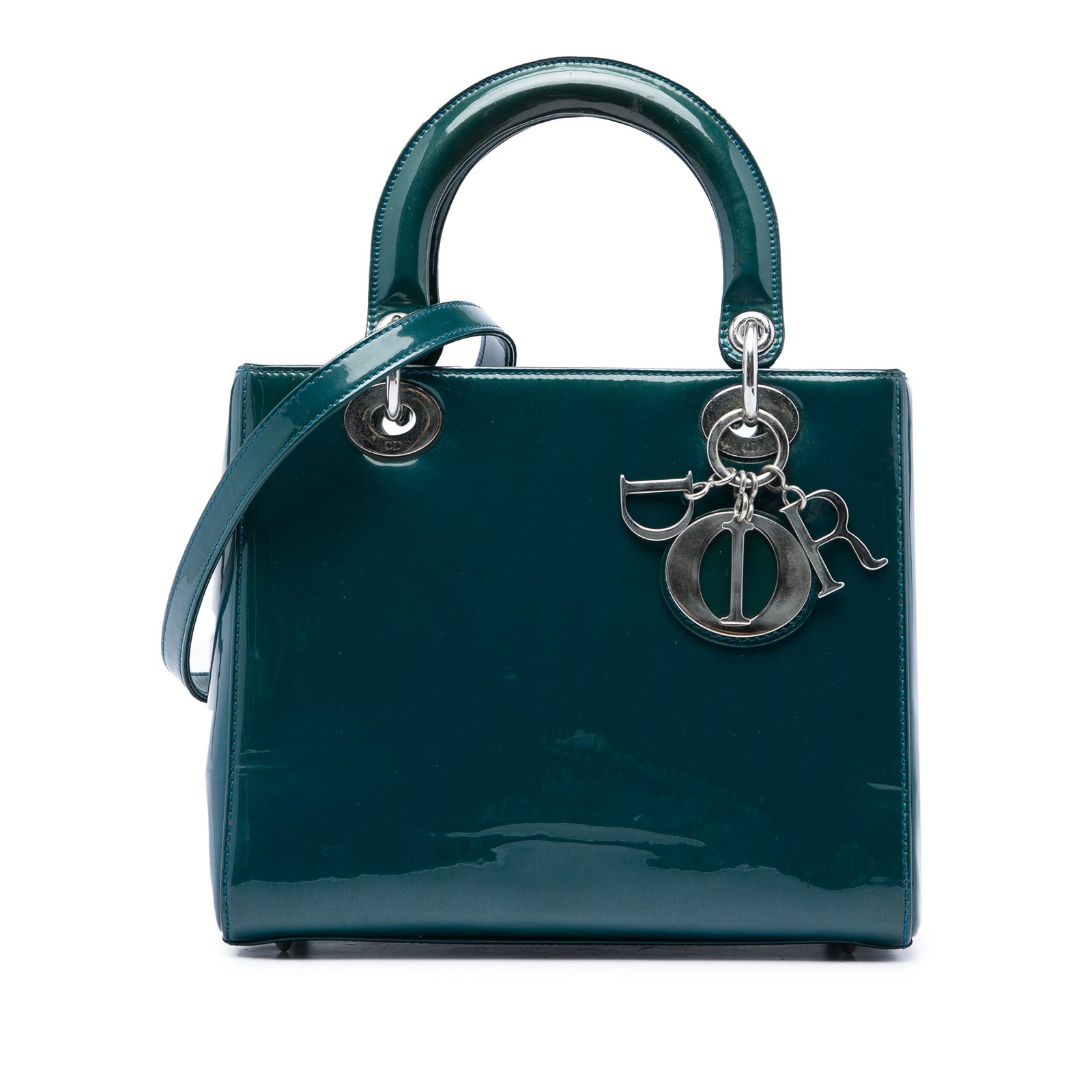 Dior Lady Dior Medium Blue Patent Leather Handbag: Dior Lady Dior Medium Blue Patent Leather Handbag Medium Lady Dior handbag in blue patent leather with flat top handles, a detachable strap, top zip closure, and an interior zip pocket. Condition is B