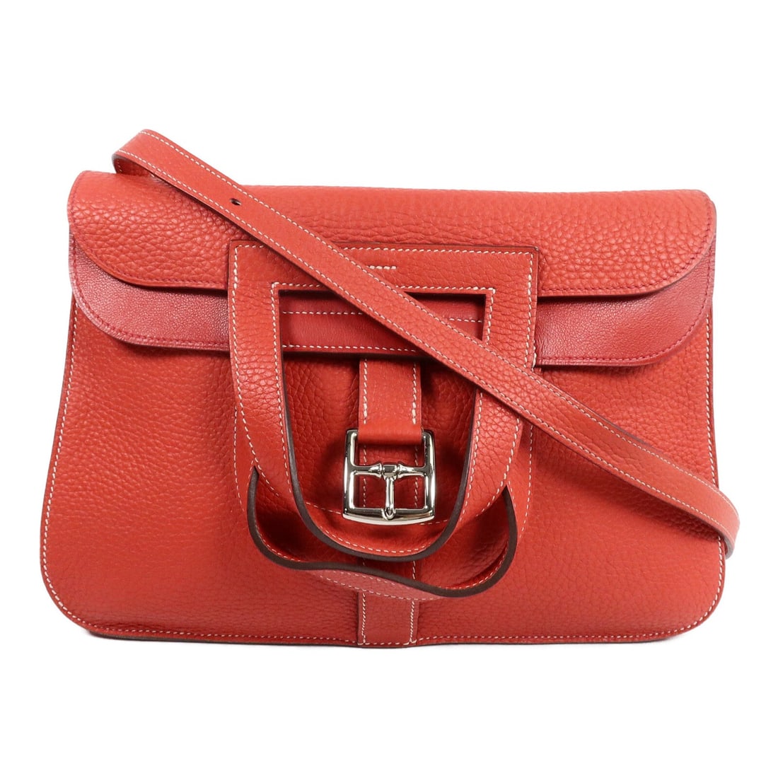 Hermes Halzan 31 Taurillon Clemence 2 Way Red Shoulder Bag PHW: Hermes Halzan 31 Taurillon Clemence 2 Way Red Shoulder Bag PHW Hermes Halzan 31 2-way shoulder handbag in Rouge Casaque Taurillon Clemence calfskin. This women's bag features palladium-tone hardware, 
