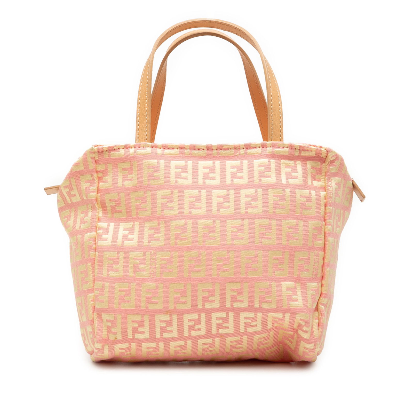 Fendi Pink Mini Zucchino Canvas Bag with Leather Handles: Fendi Pink Mini Zucchino Canvas Bag with Leather Handles This Fendi Mini Zucchino Canvas Handbag features a pink canvas body with flat leather handles, a top zip closure, and an interior slip pocket. 