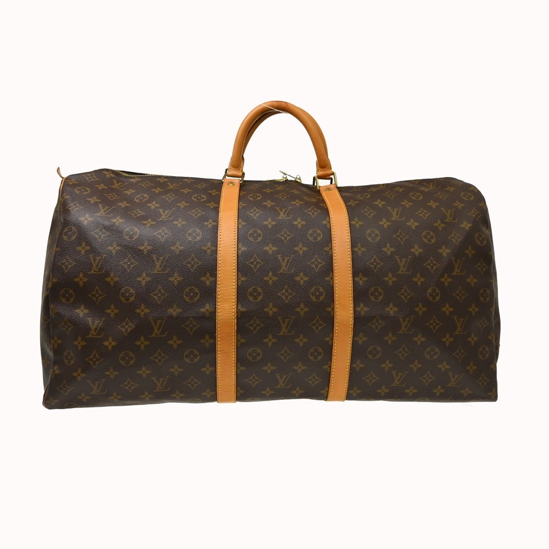 Louis Vuitton Keepall 60 Monogram Canvas Travel Duffle M41422: Louis Vuitton Keepall 60 Monogram Canvas Travel Duffle M41422 Vintage Louis Vuitton Keepall 60 duffle handbag in the Monogram pattern. This extra-large travel bag features a zip closure, double leathe