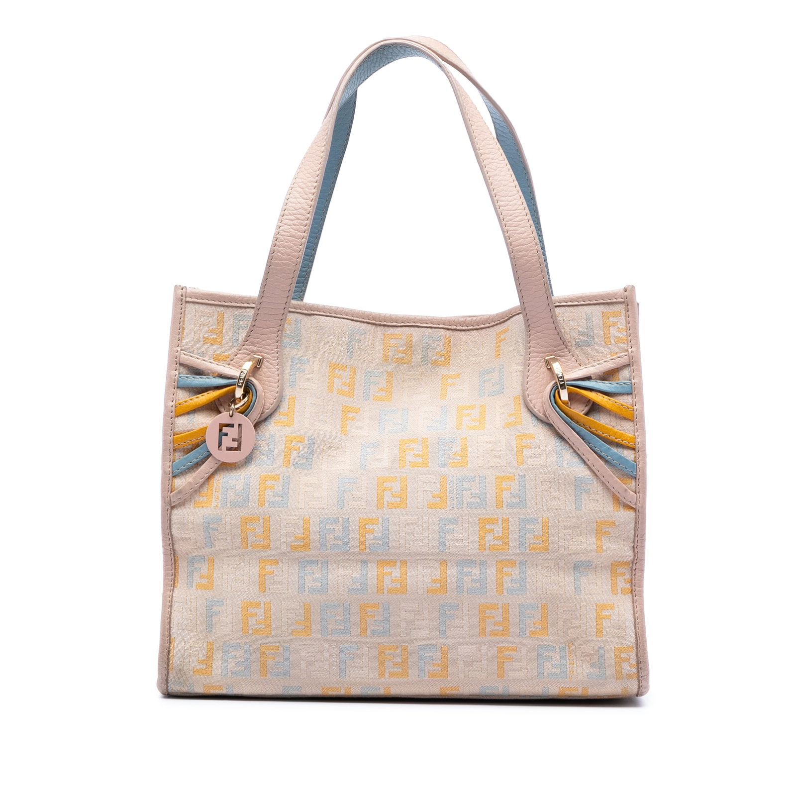 Fendi Zucchino Multicolore Small Tote Bag with Leather Trim: Fendi Zucchino Multicolore Small Tote Bag with Leather Trim This Fendi Small Multicolore Zucchino Tote features a brown canvas body with leather trim, flat leather handles, a top zip closure, and inte