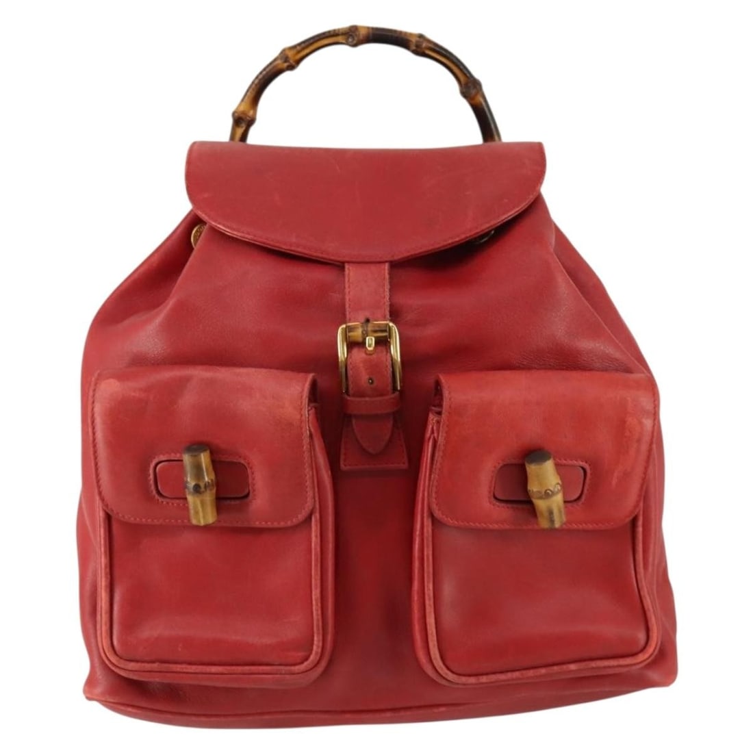 Gucci Vintage Bamboo red leather backpack Italy: Gucci Vintage Bamboo red leather backpack Italy Vintage Gucci Bamboo leather bag in red, designed for women. It is described as having fair to good vintage condition with honest wear, and shows deform