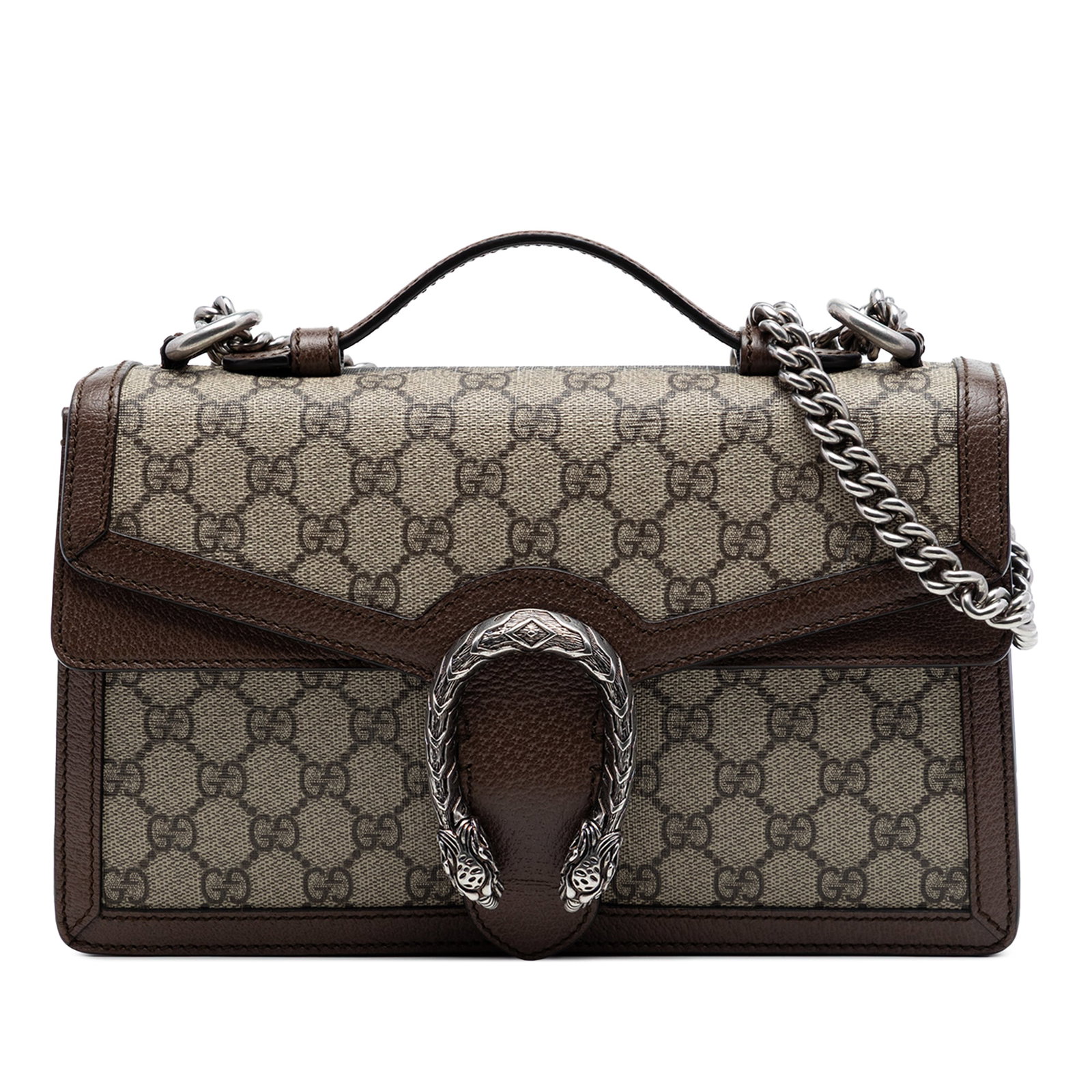 Gucci Dionysus Top Handle Satchel in GG Supreme Canvas: Gucci Dionysus Top Handle Satchel in GG Supreme Canvas Gucci GG Supreme Dionysus top handle bag crafted with a coated canvas body and leather trim. This satchel features a flat leather top handle, a c