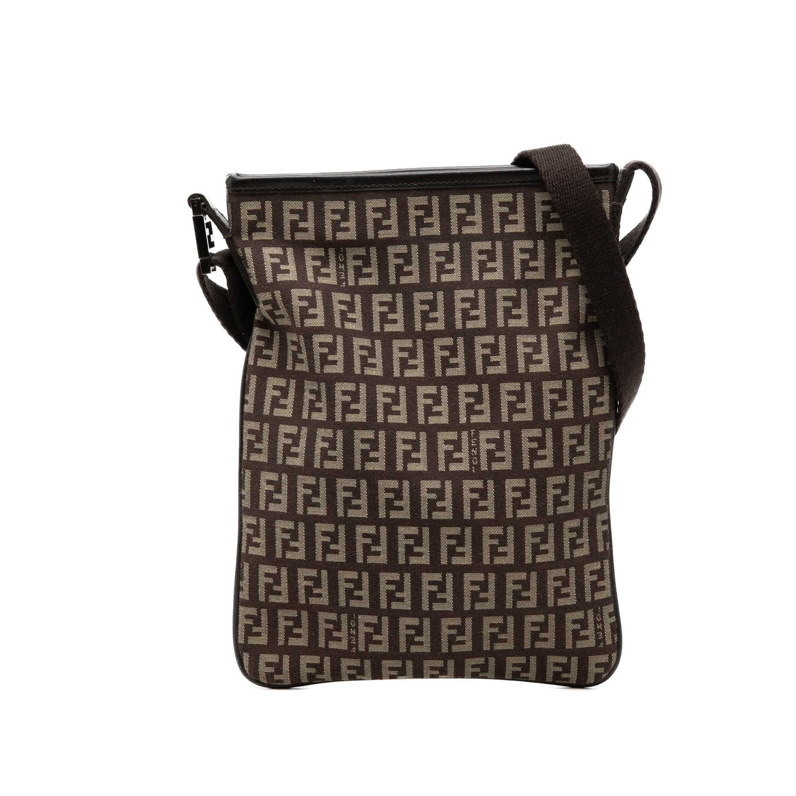 Fendi Zucchino crossbody bag in brown canvas with leather trim: Fendi Zucchino crossbody bag in brown canvas with leather trim Fendi Zucchino canvas crossbody bag with leather trim and an adjustable flat leather strap. The bag features a top zip closure and an int