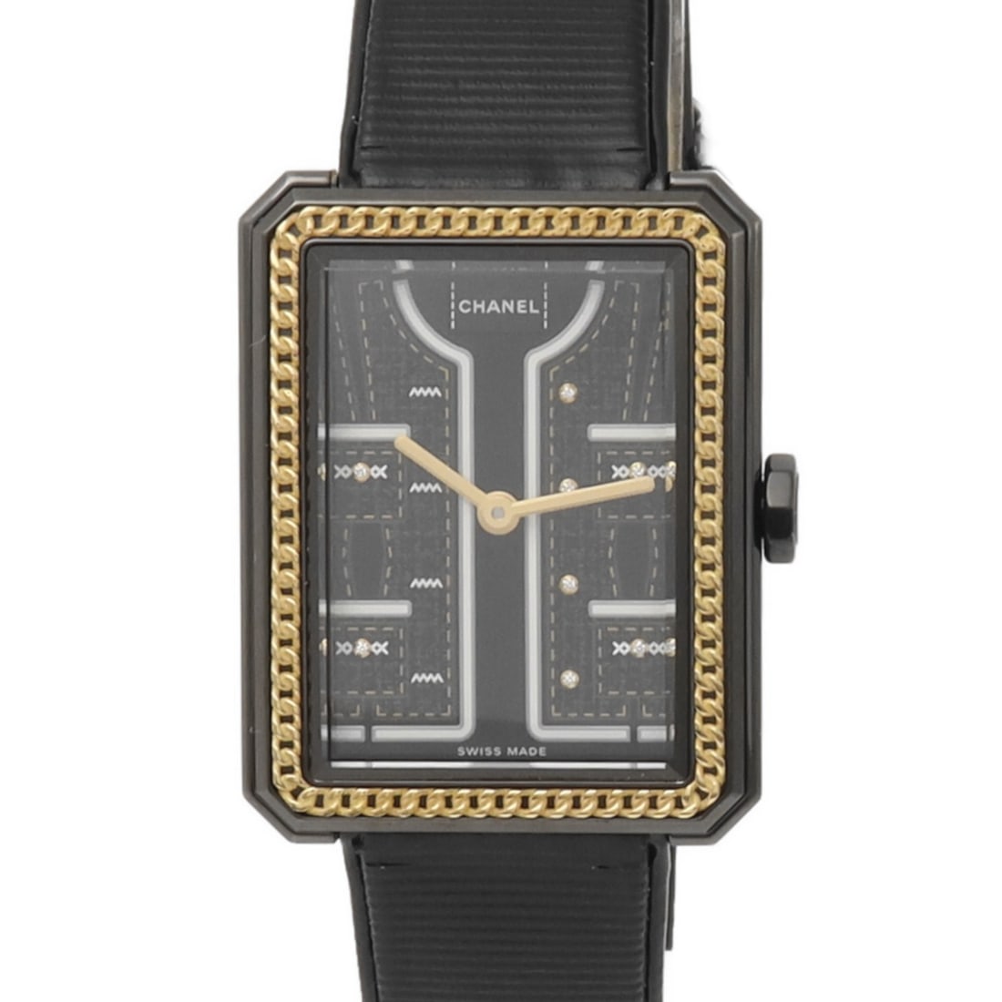CHANEL Boyfriend Couture H9834 Ladies Quartz Wristwatch Black Steel: CHANEL Boyfriend Couture H9834 Ladies Quartz Wristwatch Black Steel CHANEL CC Boyfriend Couture H9834 quartz wristwatch for women with a black dial and black case design. This watch features a stainle