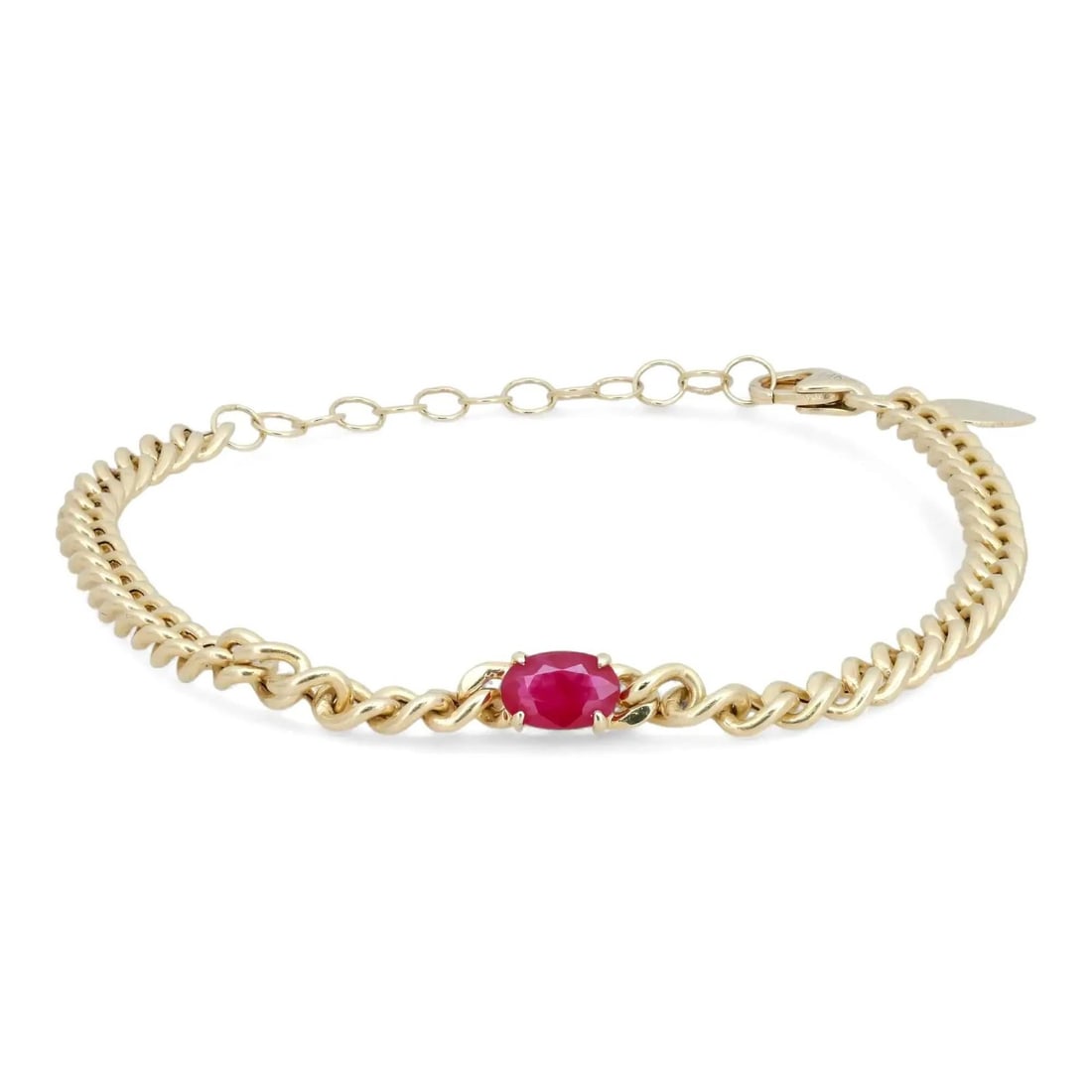 Oval Ruby Chain Bracelet in 14K Yellow Gold by Meira T Cuban Link: Oval Ruby Chain Bracelet in 14K Yellow Gold by Meira T Cuban Link This Meira T bracelet showcases an oval-cut natural ruby set in a prong setting at the center of a Cuban link chain. Expertly crafted 