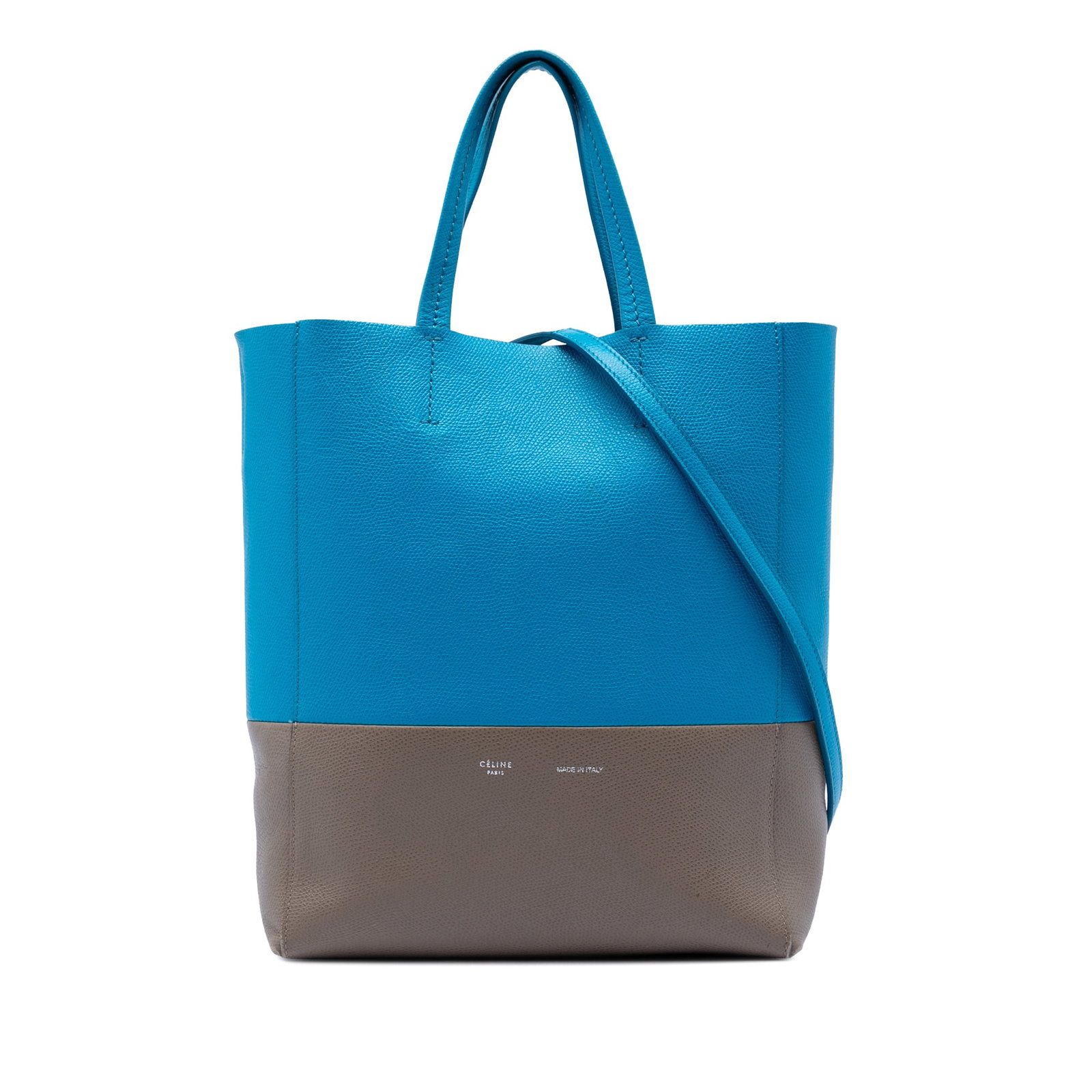 Celine Vertical Cabas Small Bicolor Grained Calfskin Tote Bag: Celine Vertical Cabas Small Bicolor Grained Calfskin Tote Bag Celine Small Bicolor Grained Calfskin Vertical Cabas Tote crafted in leather with flat leather handles, an adjustable flat leather strap, 