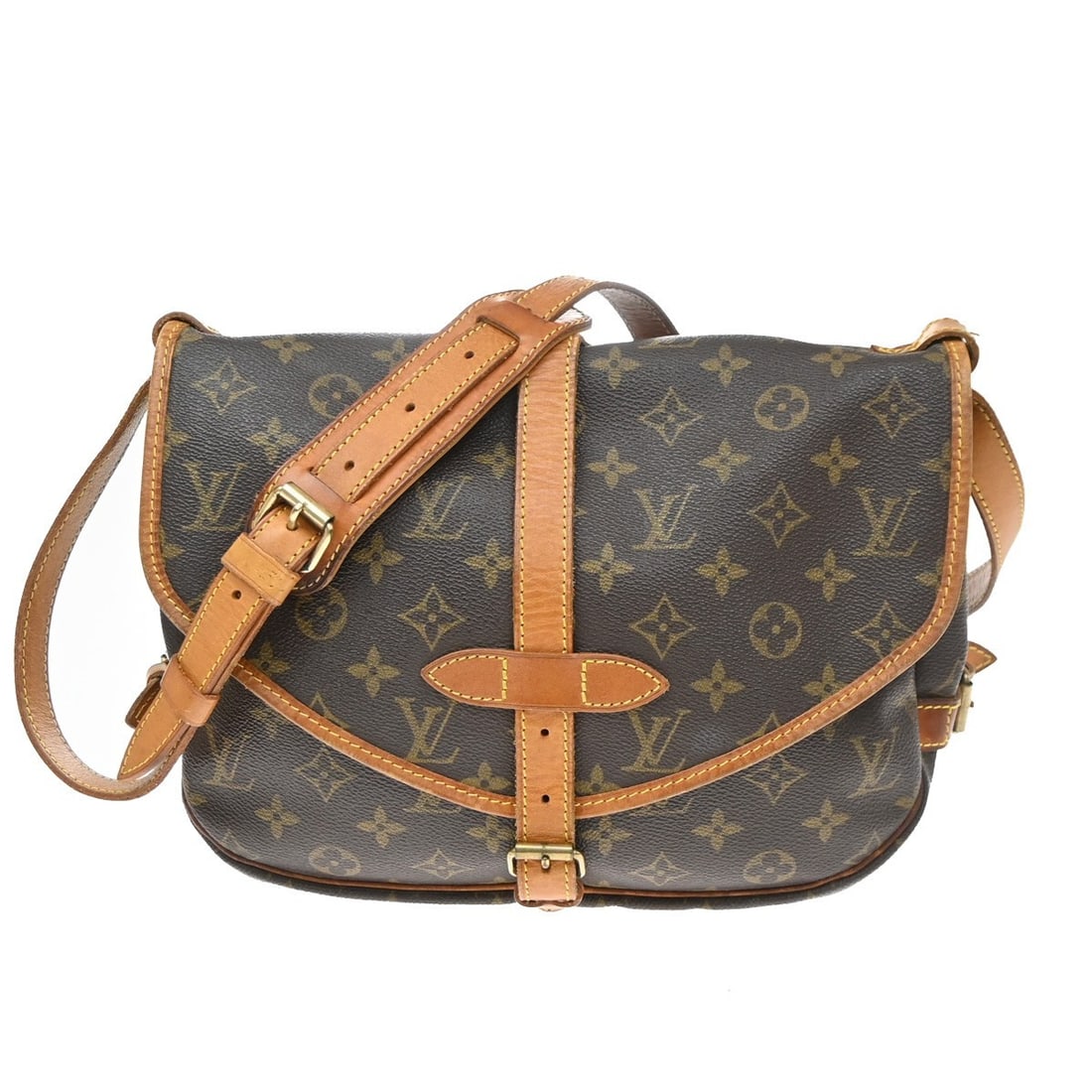 Louis Vuitton Saumur Brown Canvas Shoulder Bag: Louis Vuitton Saumur Brown Canvas Shoulder Bag Louis Vuitton Saumur Monogram shoulder bag in brown canvas. This pre-owned piece is in good condition with visible wear throughout, including scuffs, dir