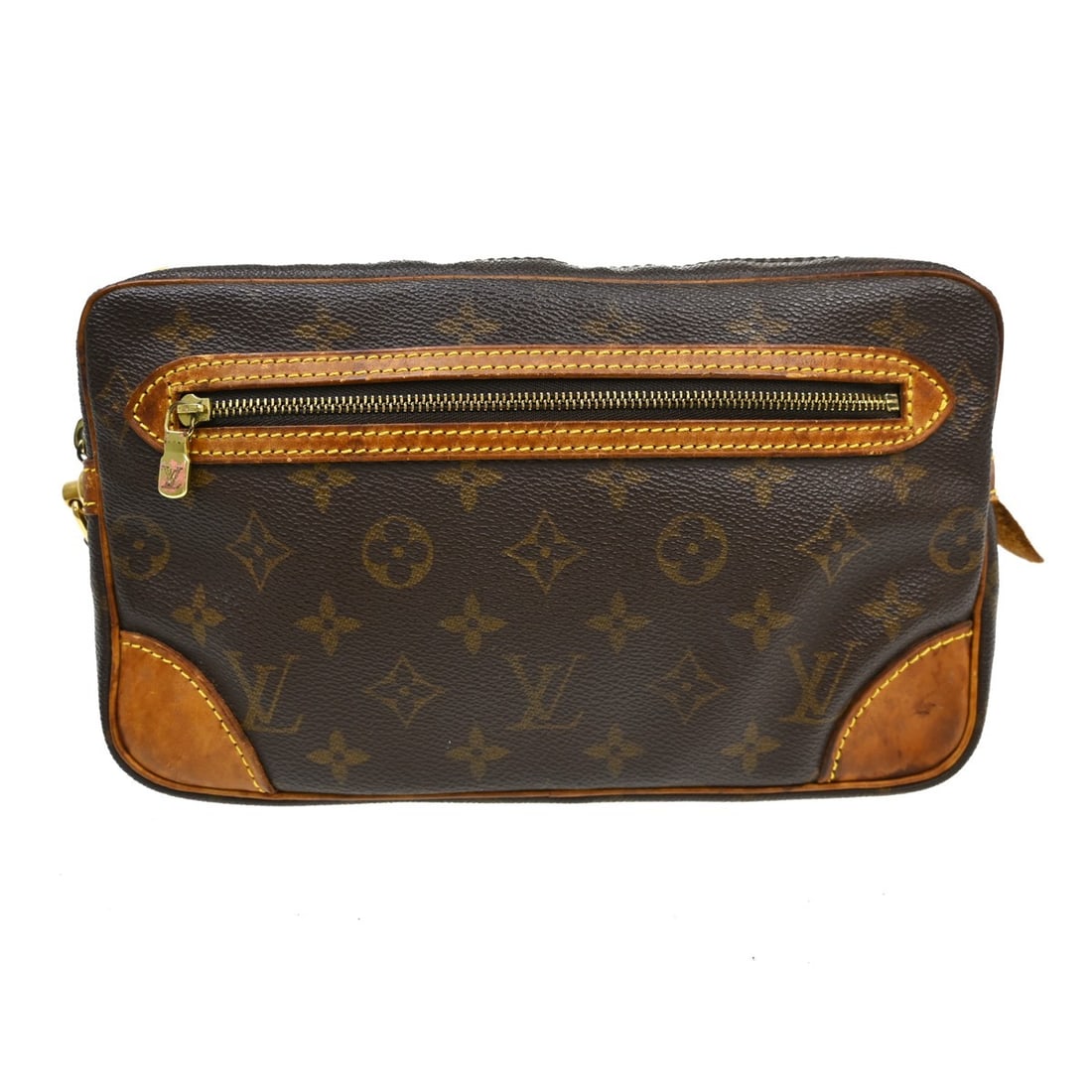 Louis Vuitton Marly Dragonne GM Monogram Clutch M51825: Louis Vuitton Marly Dragonne GM Monogram Clutch M51825 Vintage Louis Vuitton Marly Dragonne GM clutch bag in brown Monogram canvas with leather trim. This unisex clutch features a zipper pocket outsid