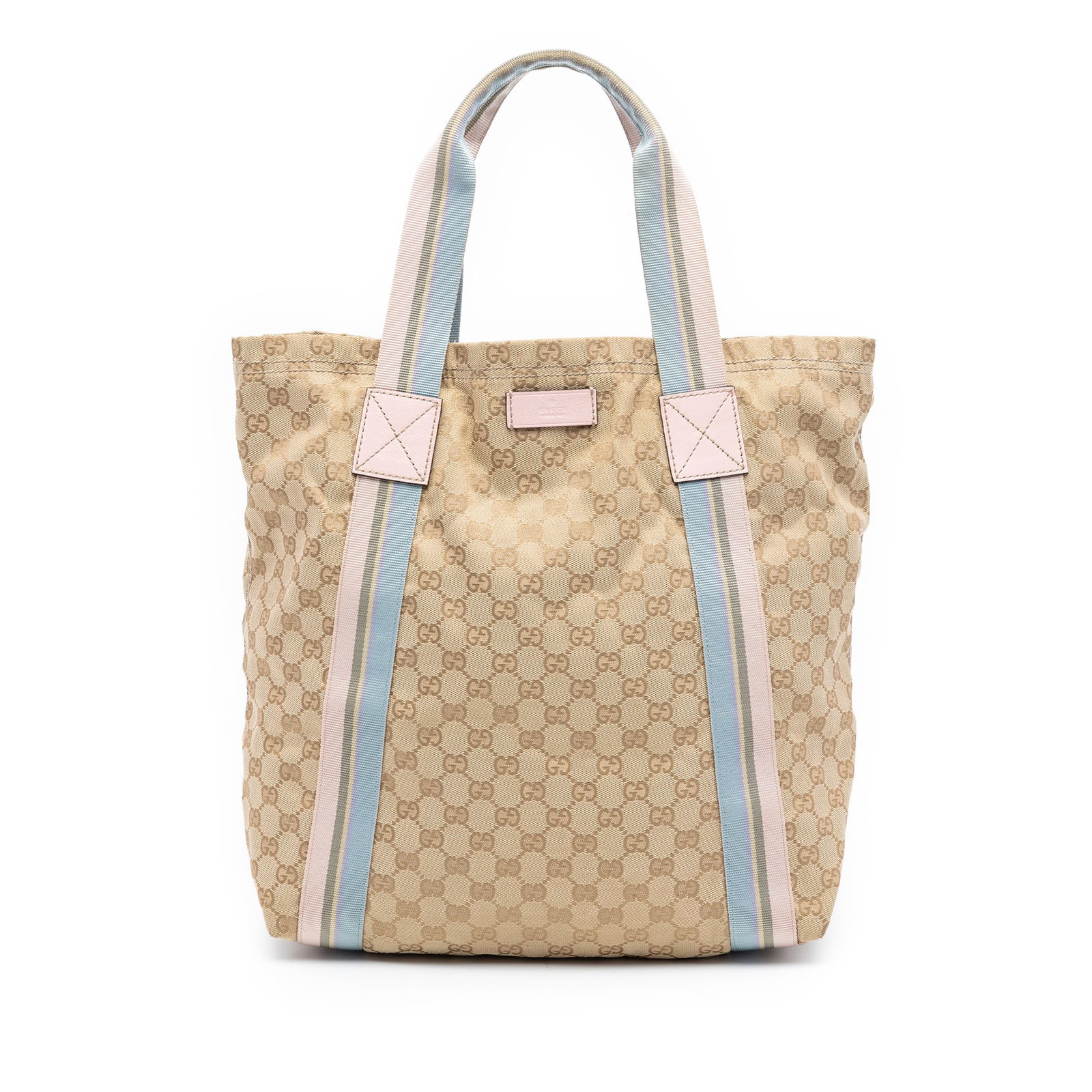 Beige GG Canvas Web Tote Bag by Gucci: Beige GG Canvas Web Tote Bag by Gucci This Gucci GG Canvas Web Tote features a beige canvas body with flat straps, an open top, and interior slip pockets. The bag shows signs of wear, including staini