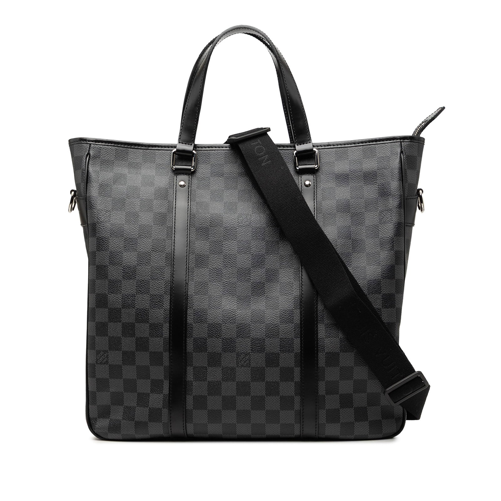 Louis Vuitton Tadao Damier Graphite Messenger Bag Black: Louis Vuitton Tadao Damier Graphite Messenger Bag Black Louis Vuitton Damier Graphite Tadao bag with leather trim, flat leather handles, an adjustable and detachable flat strap, a top zip closure, and