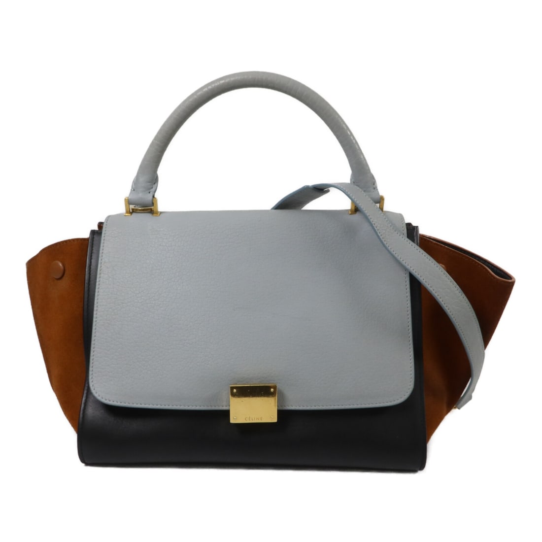 CELINE Trapeze Small 2Way Shoulder Bag Calfskin Blue Brown Black: CELINE Trapeze Small 2Way Shoulder Bag Calfskin Blue Brown Black Celine Trapeze Small 2-way shoulder bag in blue, brown, and black calfskin leather. This women's bag includes a shoulder strap and feat
