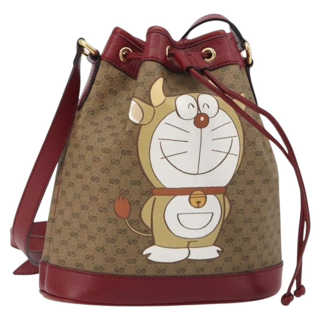 GUCCI 655597 Doraemon Shoulder Bag Beige Micro GG PVC Leather: GUCCI 655597 Doraemon Shoulder Bag Beige Micro GG PVC Leather This Gucci shoulder bag is crafted from PVC leather with Micro Small GG canvas in a beige and gold tone colorway. It features the Doraemon