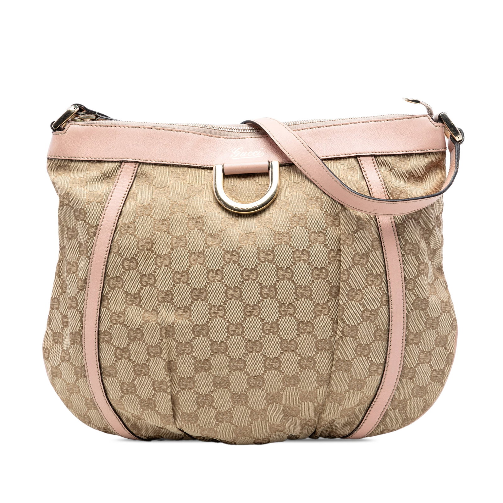 Beige GG Canvas Abbey D Ring Shoulder Bag by Gucci: Beige GG Canvas Abbey D Ring Shoulder Bag by Gucci This Gucci GG Canvas Abbey D Ring Crossbody bag features a beige canvas body with leather trim, an adjustable flat leather strap, a top zip closure, 