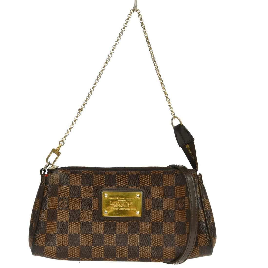 Louis Vuitton Eva N55213 Damier Ebene 2way Chain Shoulder Bag: Louis Vuitton Eva N55213 Damier Ebene 2way Chain Shoulder Bag Louis Vuitton Eva 2-way chain handbag in Damier Ebene with a zip closure, brown exterior, and canvas lining. This small women's handbag fe