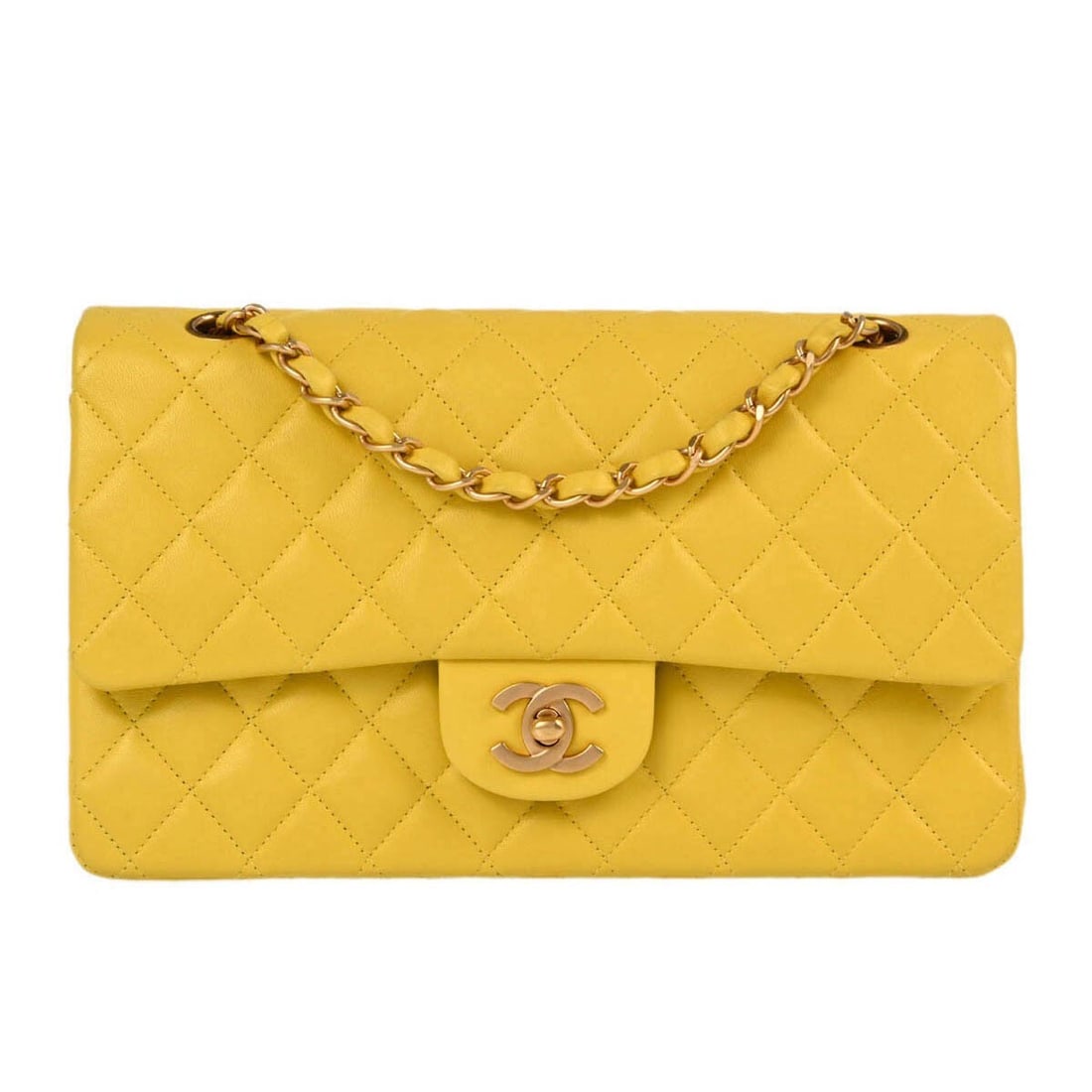 CHANEL Classic Double Flap Medium Shoulder Bag Yellow Lambskin: CHANEL Classic Double Flap Medium Shoulder Bag Yellow Lambskin Chanel Medium Classic Double Flap shoulder bag in yellow lambskin leather. This women's shoulder bag features the iconic turn-lock closur