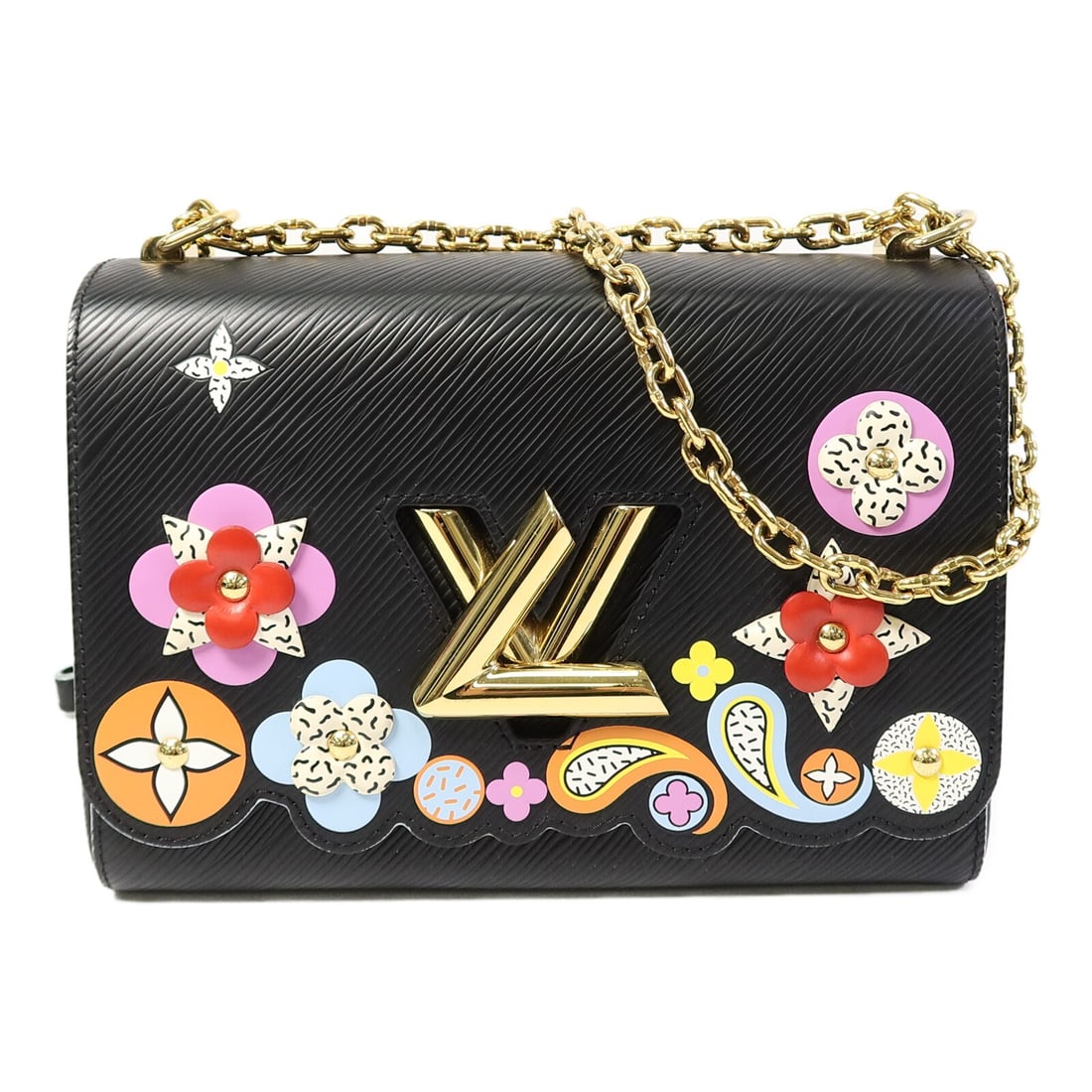 Louis Vuitton M54857 LV Twist MM Epi 2 Way Shoulder Bag Black Multicolor: Louis Vuitton M54857 LV Twist MM Epi 2 Way Shoulder Bag Black Multicolor Louis Vuitton Twist MM 2-way shoulder bag in black and multicolor Epi leather with calfskin trim. This women's bag features a t