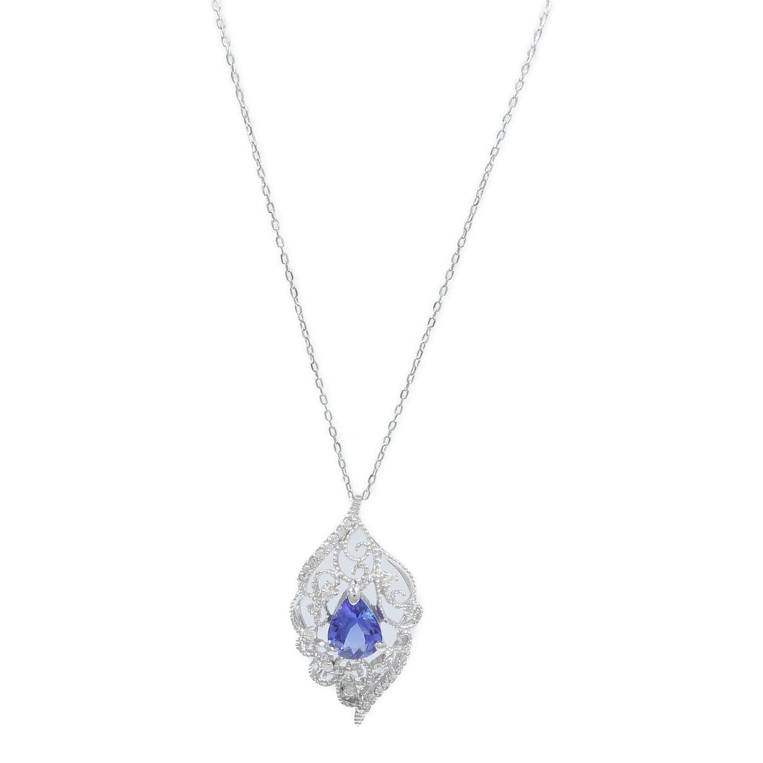 Pt850 Platinum K18 White Gold Tanzanite Diamond Necklace 1.11ct 0.14ct: Pt850 Platinum K18 White Gold Tanzanite Diamond Necklace 1.11ct 0.14ct A women's necklace featuring tanzanite and diamond accents in a blue and clear color combination. The piece is made with Pt850 pl