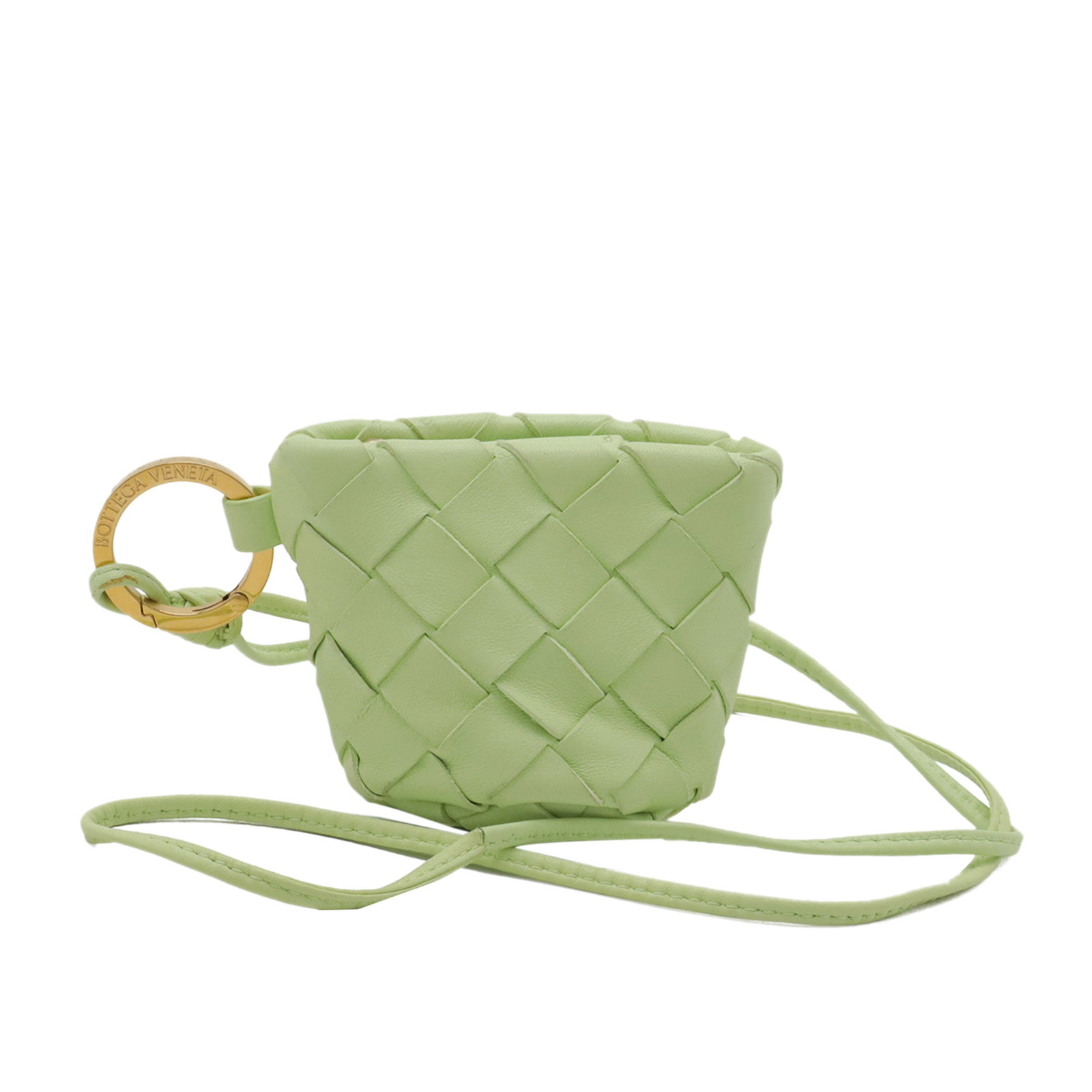Bottega Veneta Intrecciato Cup Coin Pouch Green Nappa Leather Strap: Bottega Veneta Intrecciato Cup Coin Pouch Green Nappa Leather Strap Bottega Veneta coin pouch crafted in woven nappa leather with a flat leather strap and top zip closure. Made in Italy, this compact 