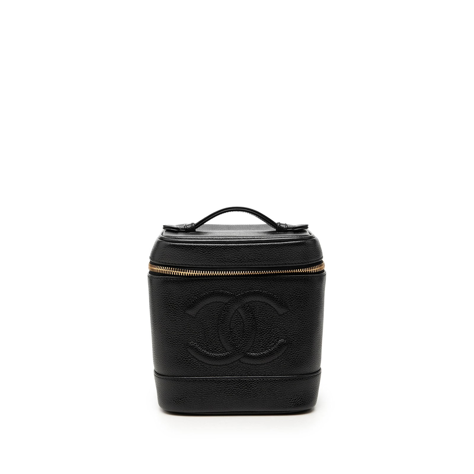 Chanel CC Caviar Leather Vanity Bag Black: Chanel CC Caviar Leather Vanity Bag Black Chanel CC Caviar Vanity Case in black caviar leather with a structured silhouette, flat leather top handle, zip-around closure, and an interior slip pocket. I