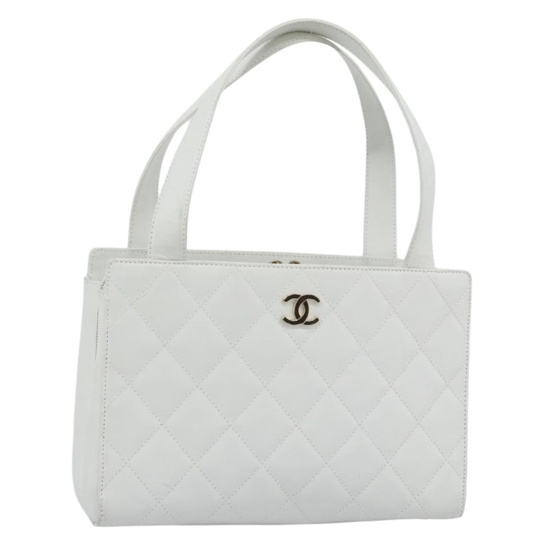 CHANEL White Gold Lamb Skin Hand Bag with Guarantee Card: CHANEL White Gold Lamb Skin Hand Bag with Guarantee Card Chanel women's handbag in white lamb skin with gold-tone CC detailing. Made in Italy, this bag includes the guarantee card and shows reasonable