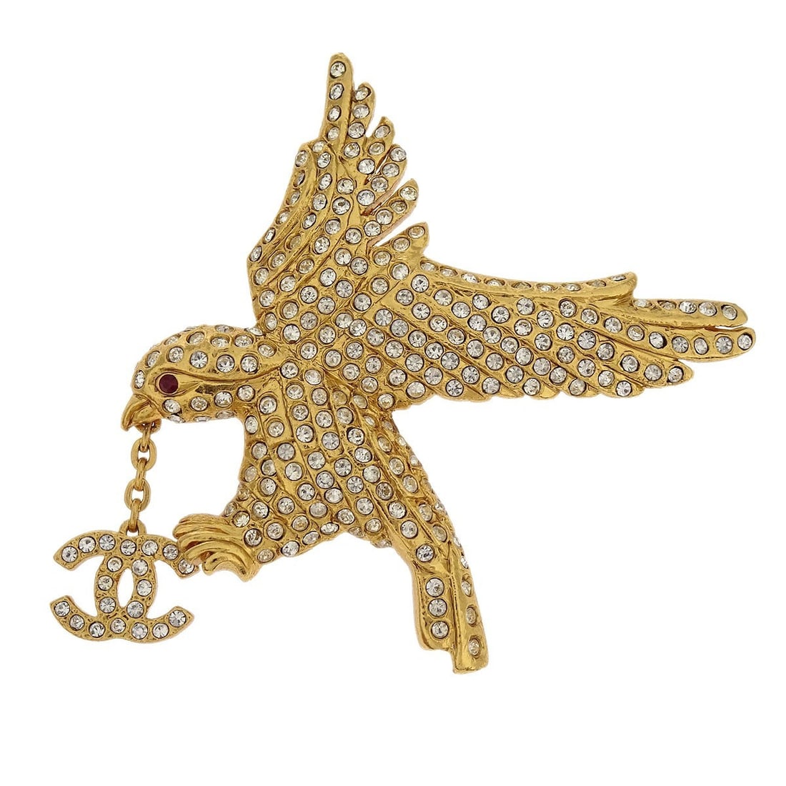 CHANEL 01P Eagle Brooch Gold Plated Rhinestone Pin: CHANEL 01P Eagle Brooch Gold Plated Rhinestone Pin Gold-plated Chanel eagle brooch pin with rhinestone detailing. Made in France, this piece is marked 01P and is presented in excellent condition. No a