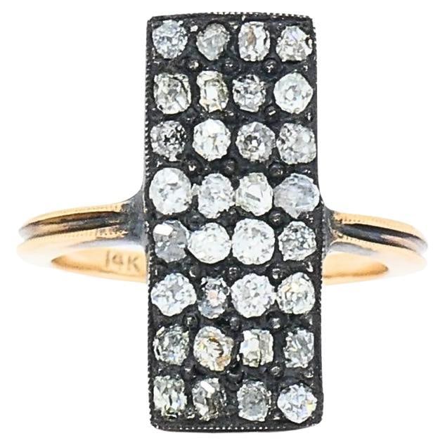14k Yellow Gold Victorian Revival Ring with Old Mine Cut Diamonds: 14k Yellow Gold Victorian Revival Ring with Old Mine Cut Diamonds Victorian revival diamond ring in 14k yellow gold with a silver top. The rectangular face features a grid of old mine and rose cut dia