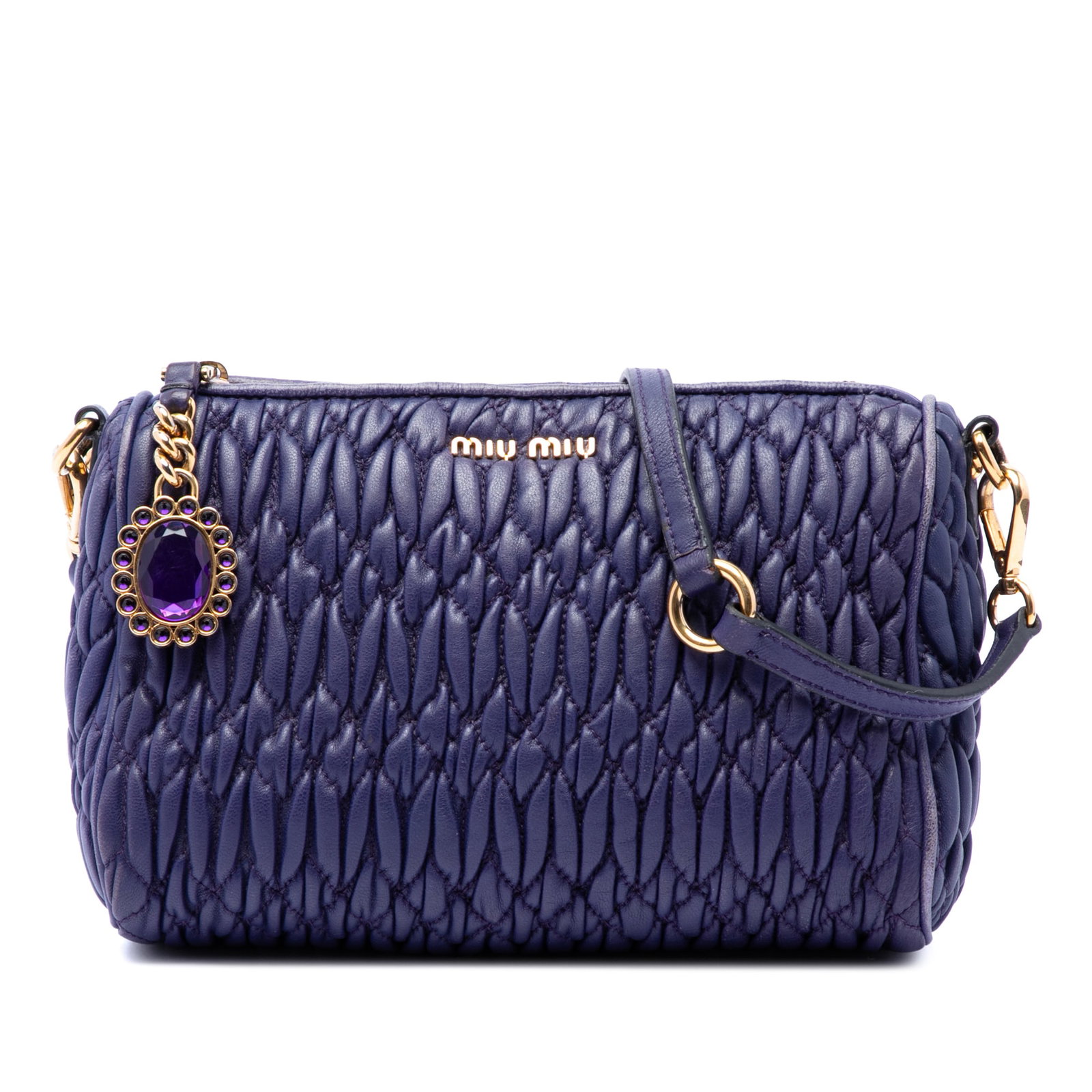 Miu Miu Matelasse Nappa Leather Shoulder Bag with Crystal Charm: Miu Miu Matelasse Nappa Leather Shoulder Bag with Crystal Charm Miu Miu Matelasse Nappa Crystal Charm shoulder bag in purple quilted nappa leather. This shoulder bag features a detachable and adjustab