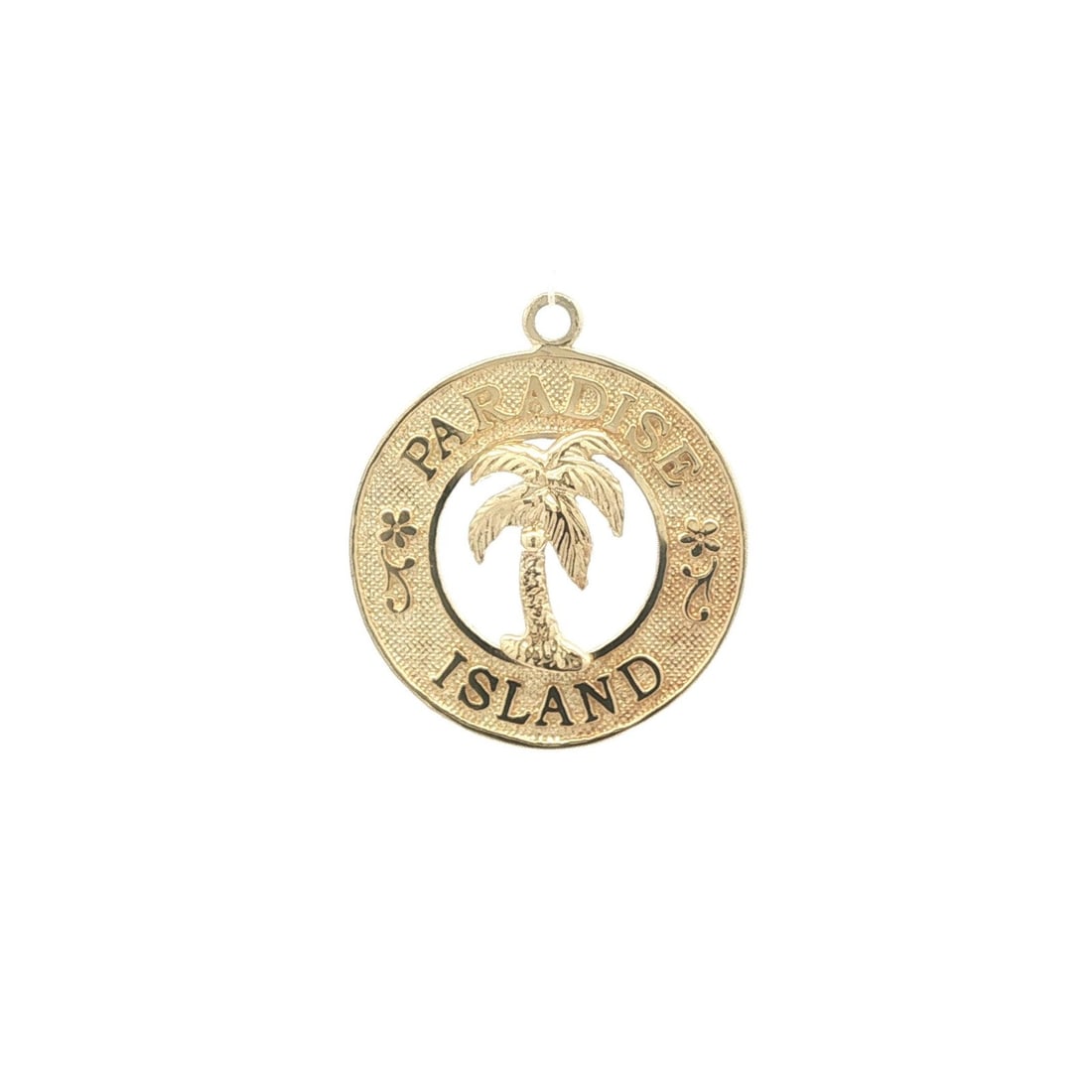 Vintage Unbranded 14k Yellow Gold Palm Tree Paradise Island Charm Pendant: Vintage Unbranded 14k Yellow Gold Palm Tree Paradise Island Charm Pendant Vintage round charm pendant featuring a Paradise Island palm tree design in solid 14K yellow gold. This pre-owned piece shows 
