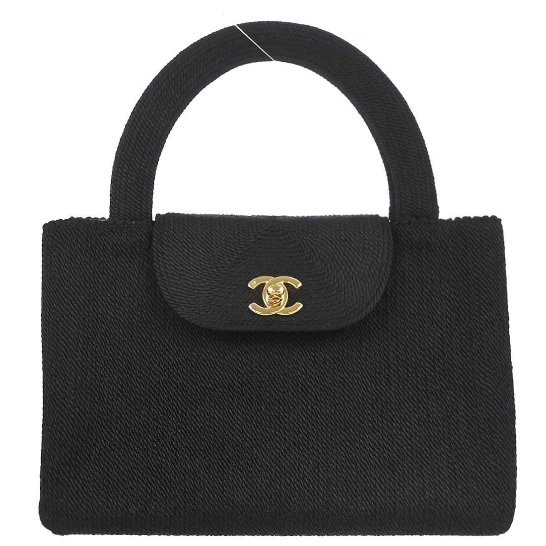 CHANEL Silk Rope Top Handle Satchel Black Small: CHANEL Silk Rope Top Handle Satchel Black Small A Chanel women's satchel/top handle bag in black silk rope with a turn lock closure. It features a top handle style, silk lining, and was made in Italy.