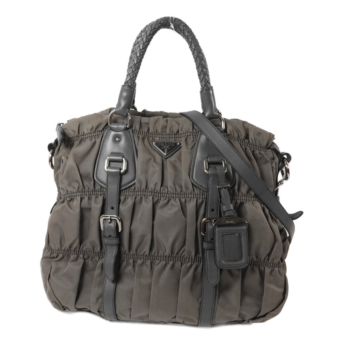 Prada Tessuto Gaufre Nylon 2 Way Shoulder Bag Gray Green: Prada Tessuto Gaufre Nylon 2 Way Shoulder Bag Gray Green Prada Tessuto Gaufre 2-way shoulder bag in nylon with silver-tone hardware. This women's bag features a gray exterior with green tone noted in 