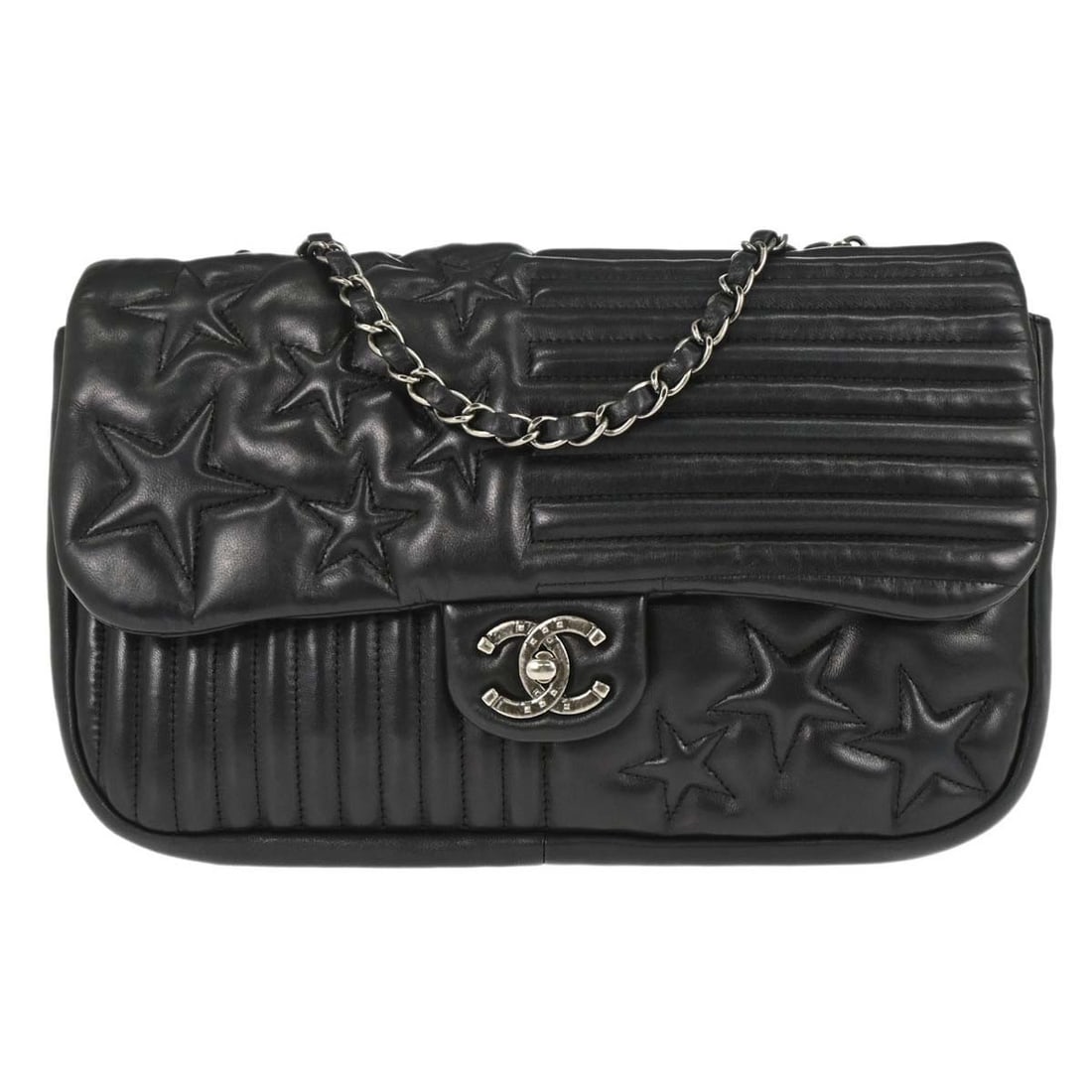 CHANEL Shoulder Bag Black Lambskin Quilted Flap Chain Strap: CHANEL Shoulder Bag Black Lambskin Quilted Flap Chain Strap Chanel Paris Dallas Stars and Stripes flap shoulder bag in black lambskin leather with a quilted finish and turn-lock closure. This medium s