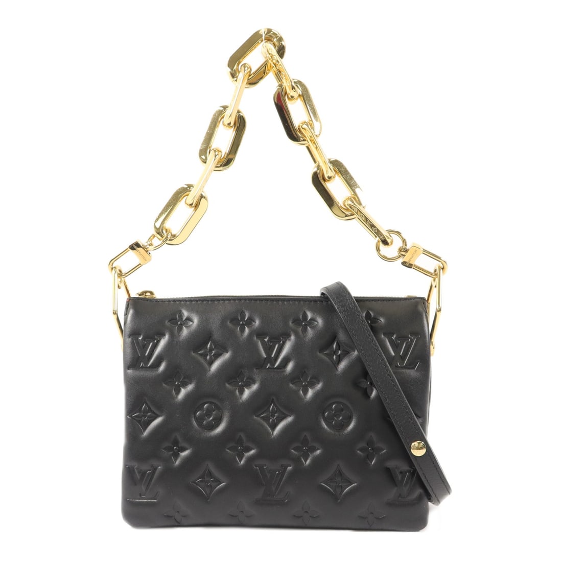 Louis Vuitton M21259 Coussin BB black lambskin shoulder bag: Louis Vuitton M21259 Coussin BB black lambskin shoulder bag The Louis Vuitton LV Coussin BB is a 2-way shoulder bag in black lambskin with monogram embossed puffy detailing. It features a chain strap 