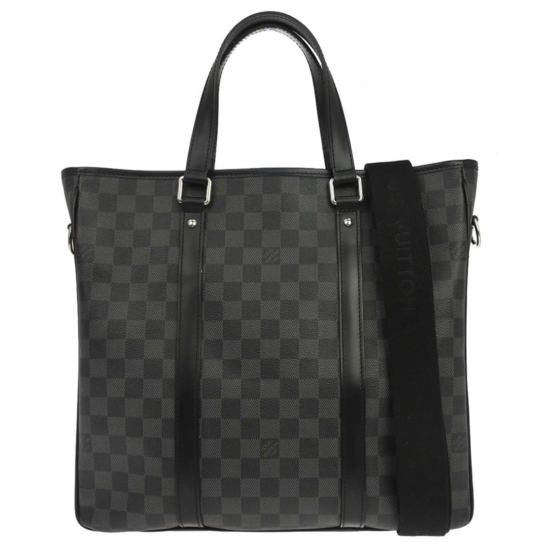 Louis Vuitton Tadao PM Damier Graphite 2way Tote Bag N41259: Louis Vuitton Tadao PM Damier Graphite 2way Tote Bag N41259 Vintage Louis Vuitton Tadao PM 2-way tote handbag in Damier Graphite canvas with leather trim. This medium unisex bag features double handle