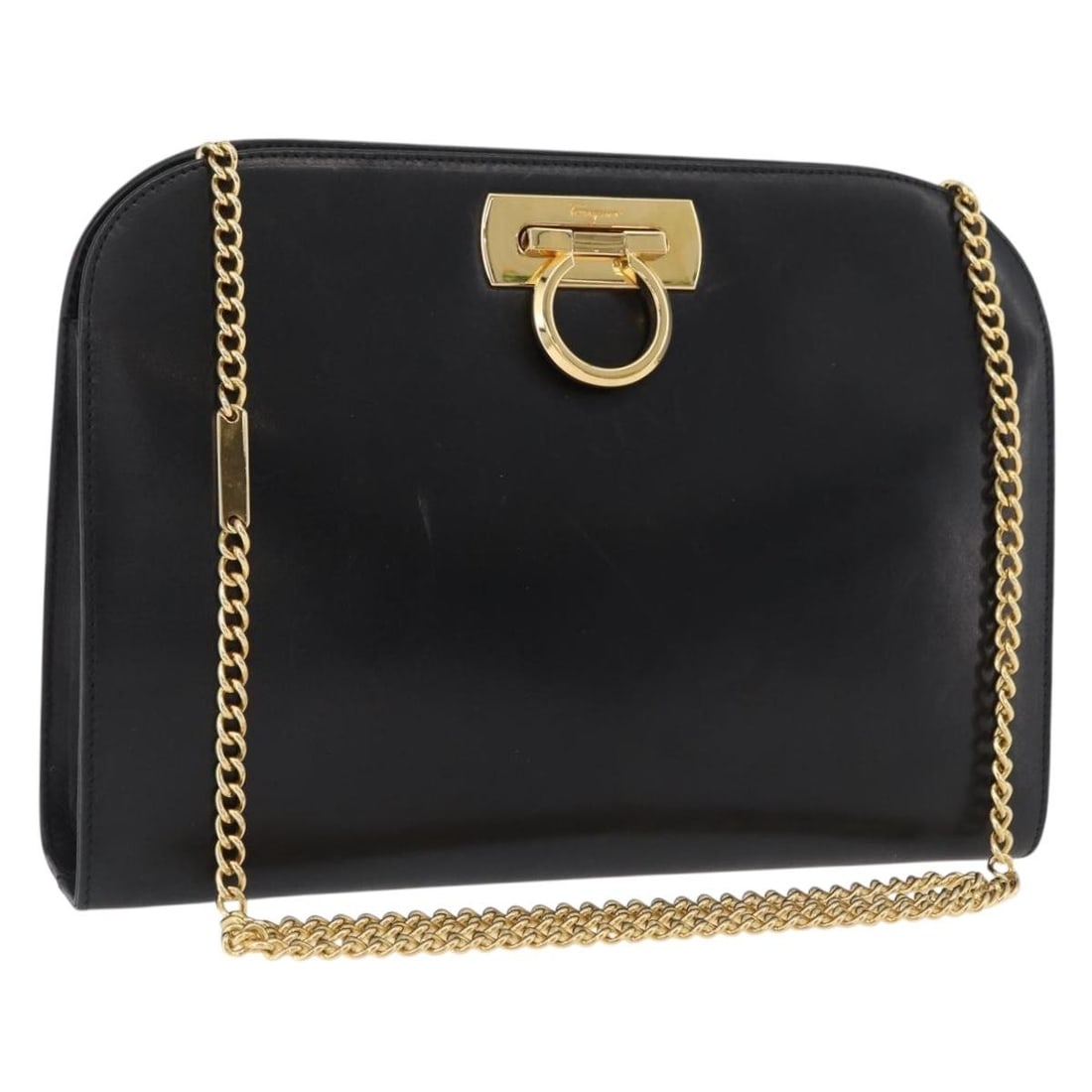 Black Leather Shoulder Bag Salvatore Ferragamo Gancini Chain: Black Leather Shoulder Bag Salvatore Ferragamo Gancini Chain Salvatore Ferragamo shoulder bag in black leather with gold-tone detailing and the Gancini chain design. Made in Italy, this women's bag in
