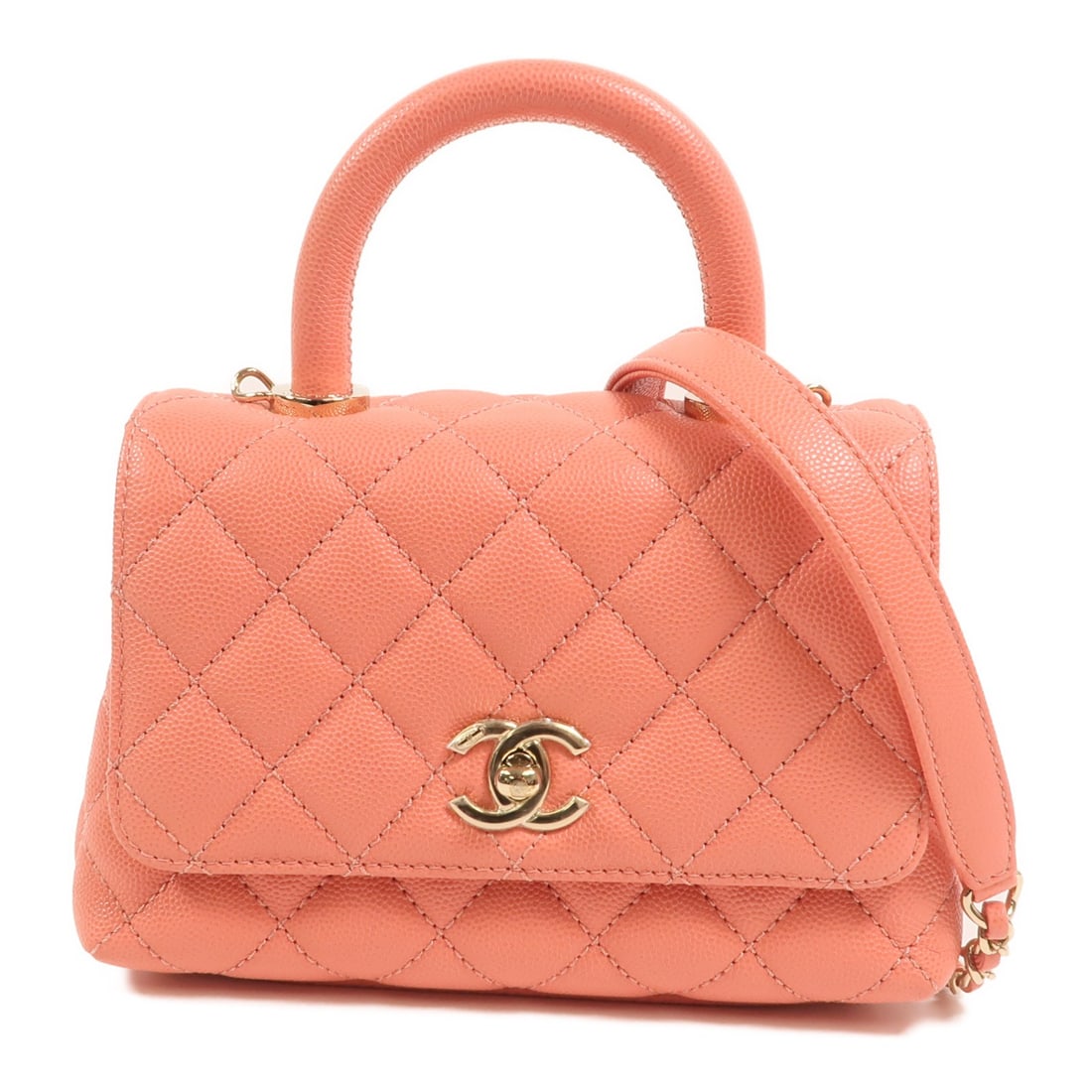 CHANEL Coco Handle Mini Pink Calfskin 2 Way Chain Bag GHW: CHANEL Coco Handle Mini Pink Calfskin 2 Way Chain Bag GHW CHANEL Coco Handle Mini 2 Way Chain Shoulder Bag in pink calfskin leather with gold-tone hardware. It features a turn lock closure, an interio