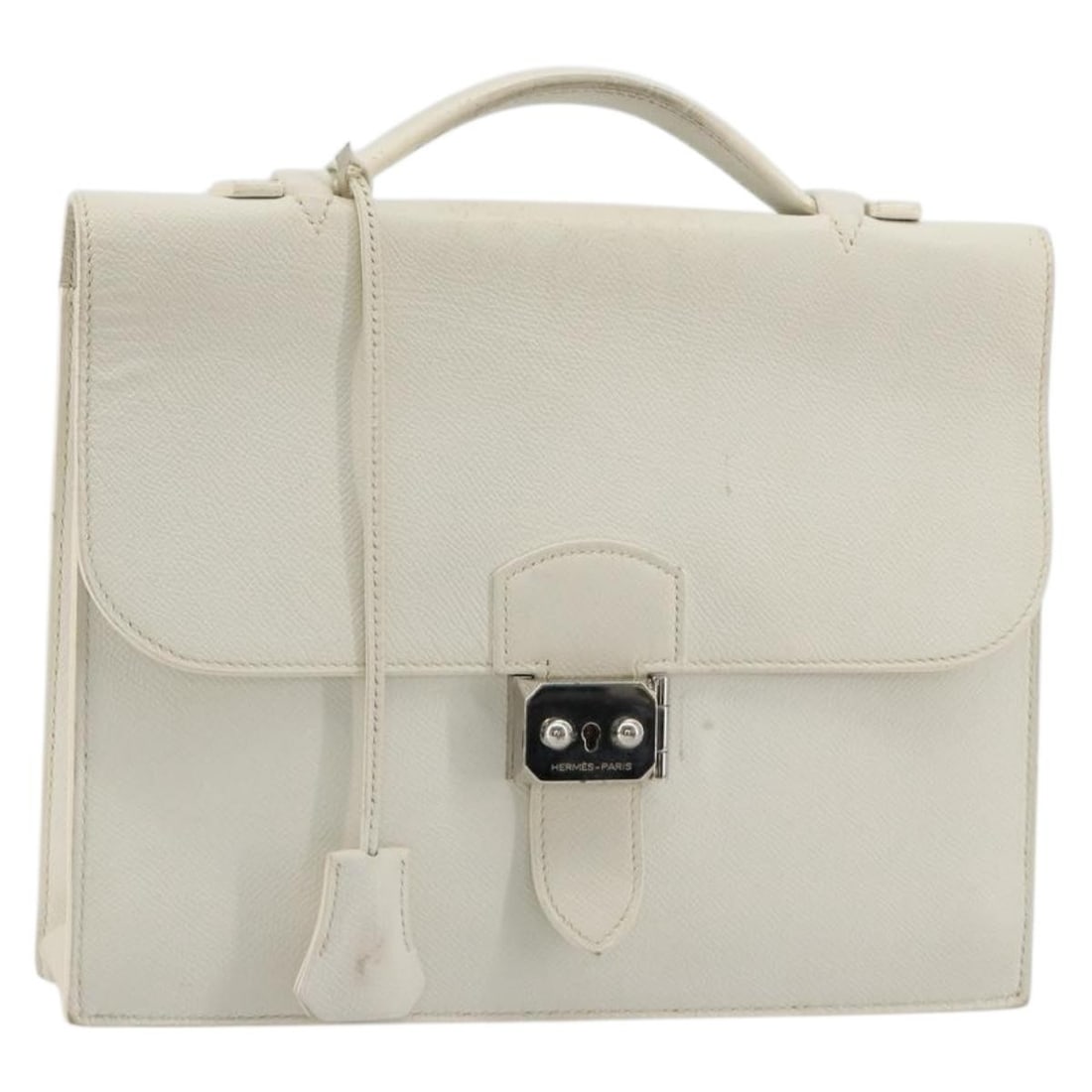 Hermes Sac Adepeche 27 Leather Handbag White Silver Tone with Key Clochette (1 of 18)