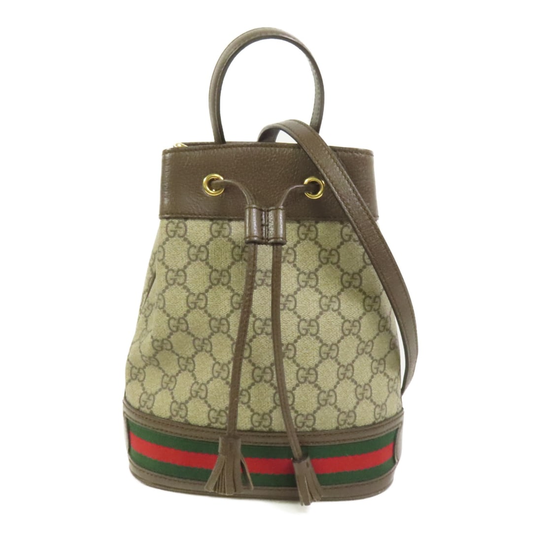 GUCCI Ophidia GG Bucket Bag Brown Coated Canvas 2way Shoulder: GUCCI Ophidia GG Bucket Bag Brown Coated Canvas 2way Shoulder Gucci Ophidia GG bucket bag in brown PVC coated canvas with the GG motif and a 2-way shoulder bag design. This women's bag includes a shou