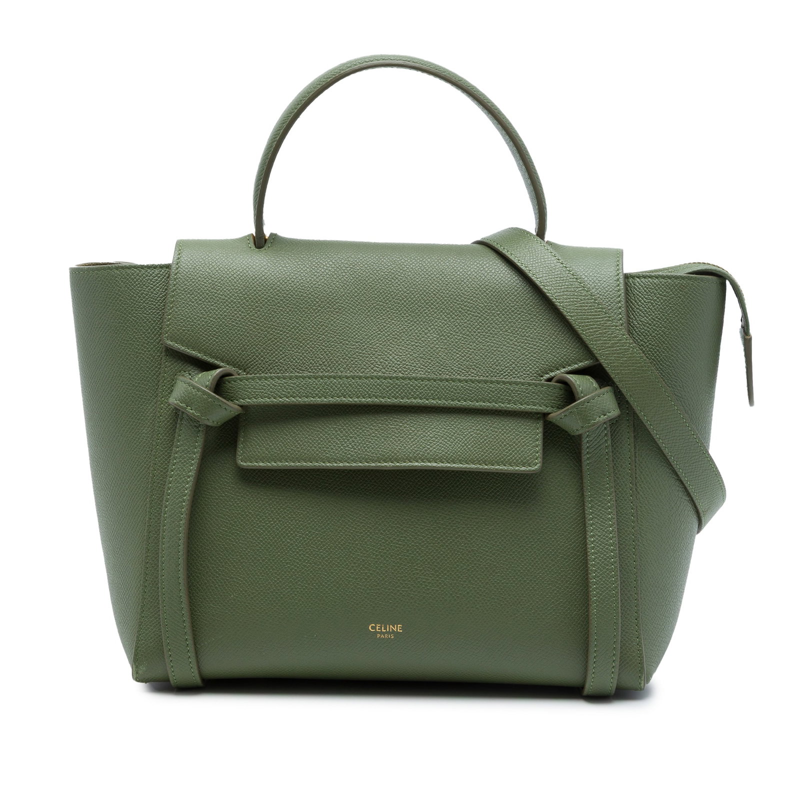 Celine Micro Belt Bag in Green Grained Calfskin: Celine Micro Belt Bag in Green Grained Calfskin Celine Micro Grained Calfskin Belt Bag in green leather with a structured silhouette. This bag features a flat top handle, a detachable flat strap, a fr