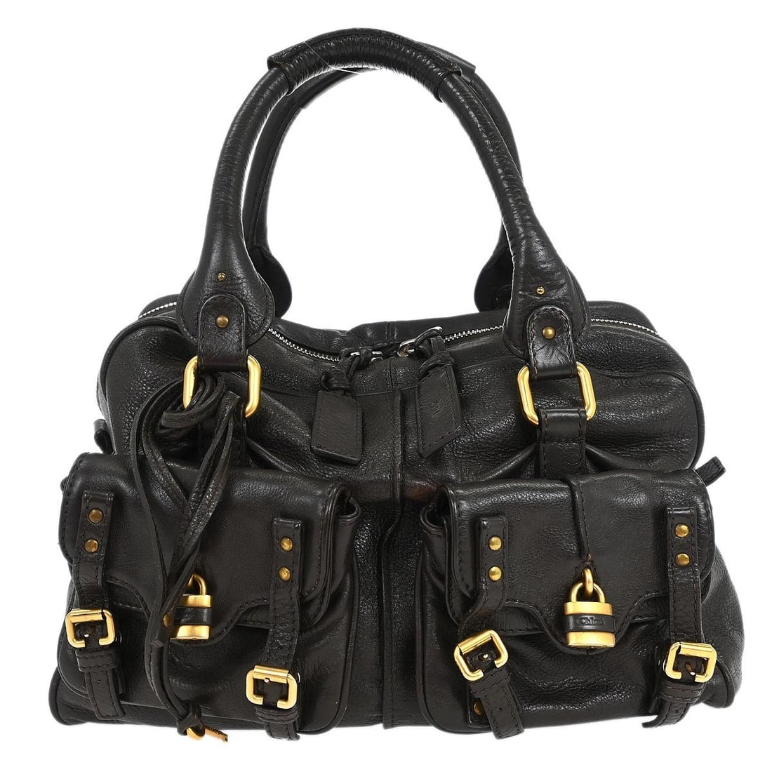 Chloe Paddington Brown Leather Duffle Handbag with Padlocks and Key: Chloe Paddington Brown Leather Duffle Handbag with Padlocks and Key Chloe Paddington duffle handbag in brown leather with double handles and a medium-sized silhouette. The bag features two exterior po