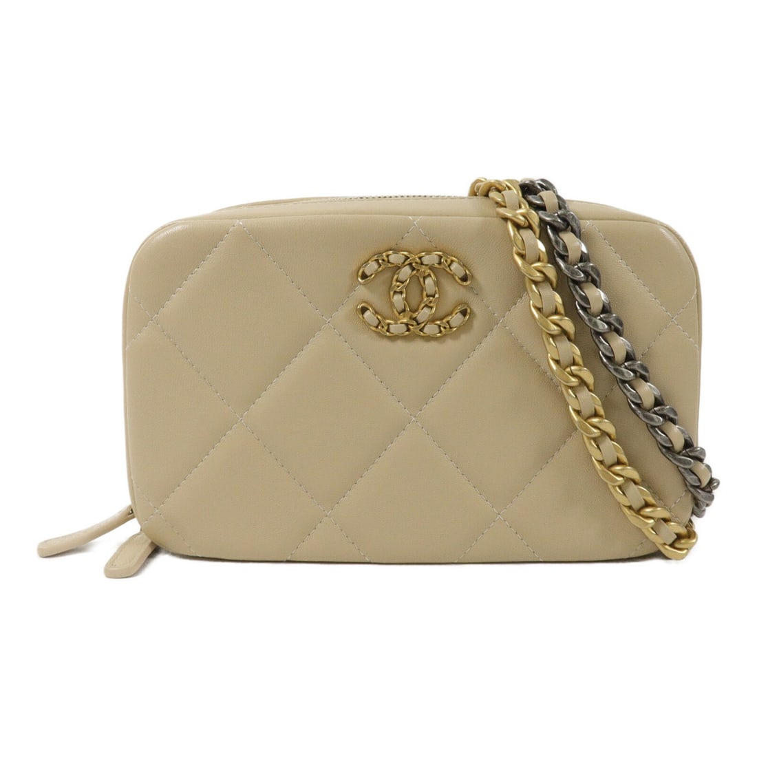 CHANEL Chanel 19 Lambskin Phone Case Shoulder Bag with Chain Beige: CHANEL Chanel 19 Lambskin Phone Case Shoulder Bag with Chain Beige Chanel 19 phone case with chain in beige lambskin leather. This women's shoulder bag features a compact structured design with an int