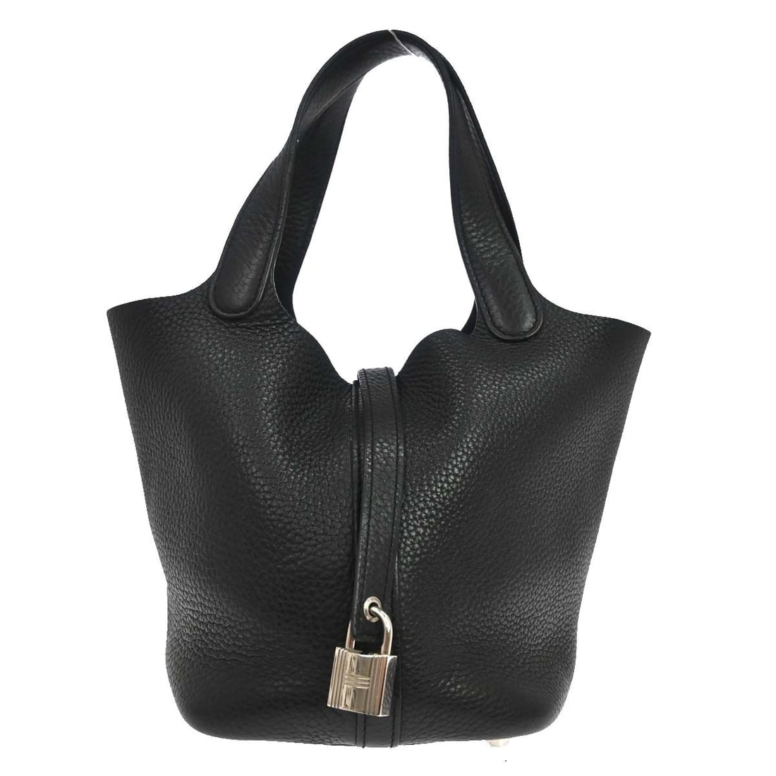 Hermes Picotin PM 18 Taurillon Clemence Black Handbag with Lock: Hermes Picotin PM 18 Taurillon Clemence Black Handbag with Lock Hermes Picotin Lock 18 PM handbag in Taurillon Clemence leather, presented in black. It features a buckle closure, double handles, leath