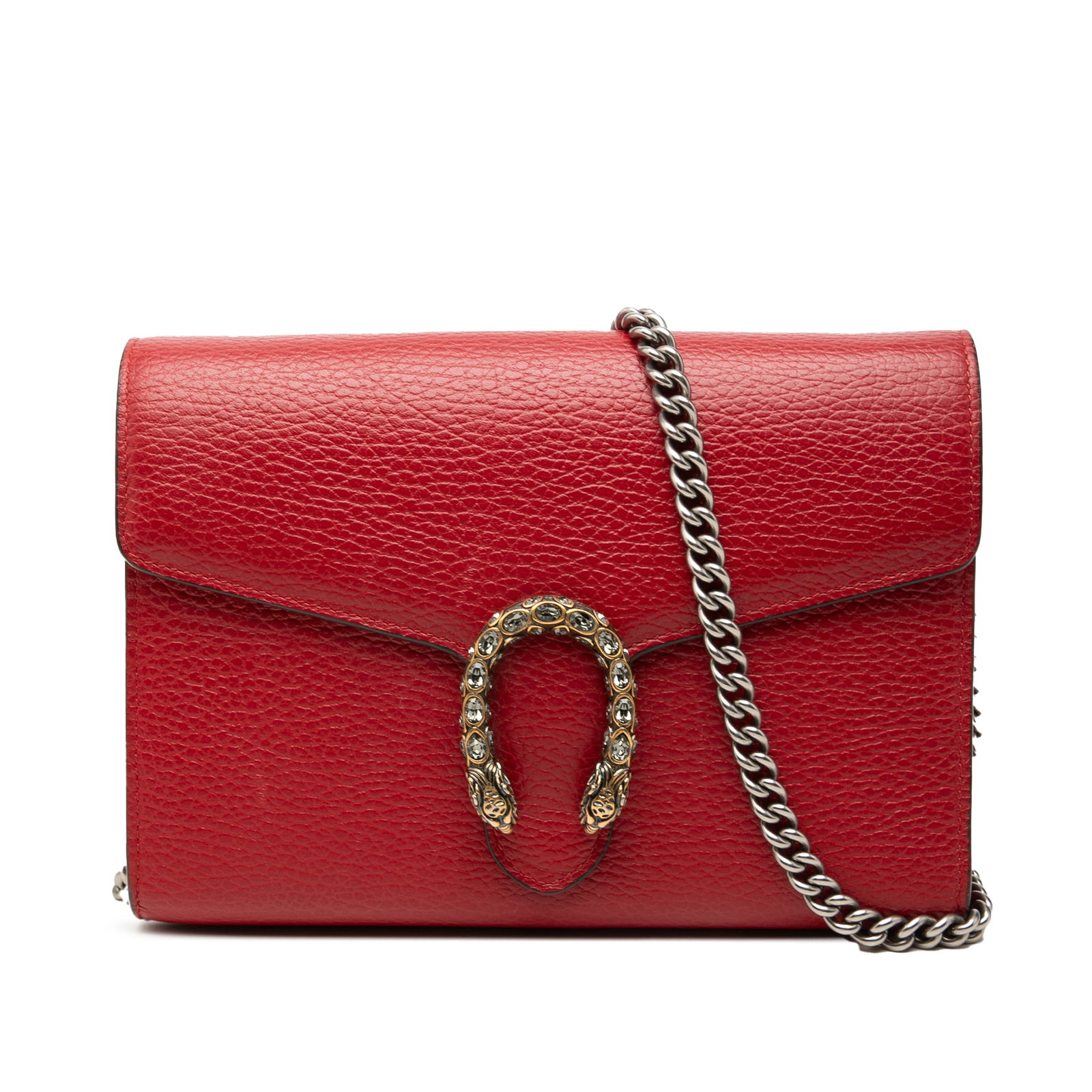 Gucci Dionysus Wallet on Chain Red Calfskin Crossbody: Gucci Dionysus Wallet on Chain Red Calfskin Crossbody Gucci Dionysus Wallet on Chain in red calfskin leather with a curb chain shoulder strap and flap closure with magnetic snap. The interior includes