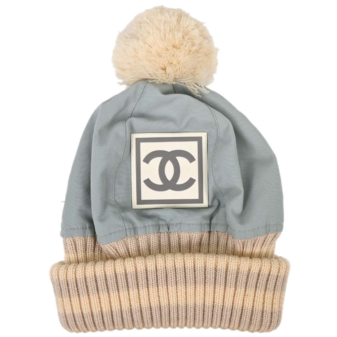 CHANEL Sport Line Bucket Hat Light Blue Knit Size M: CHANEL Sport Line Bucket Hat Light Blue Knit Size M Light blue Chanel knit bucket hat for women in a casual style. Made in Italy, this hat is crafted from a polyamide and cotton blend and is suited fo