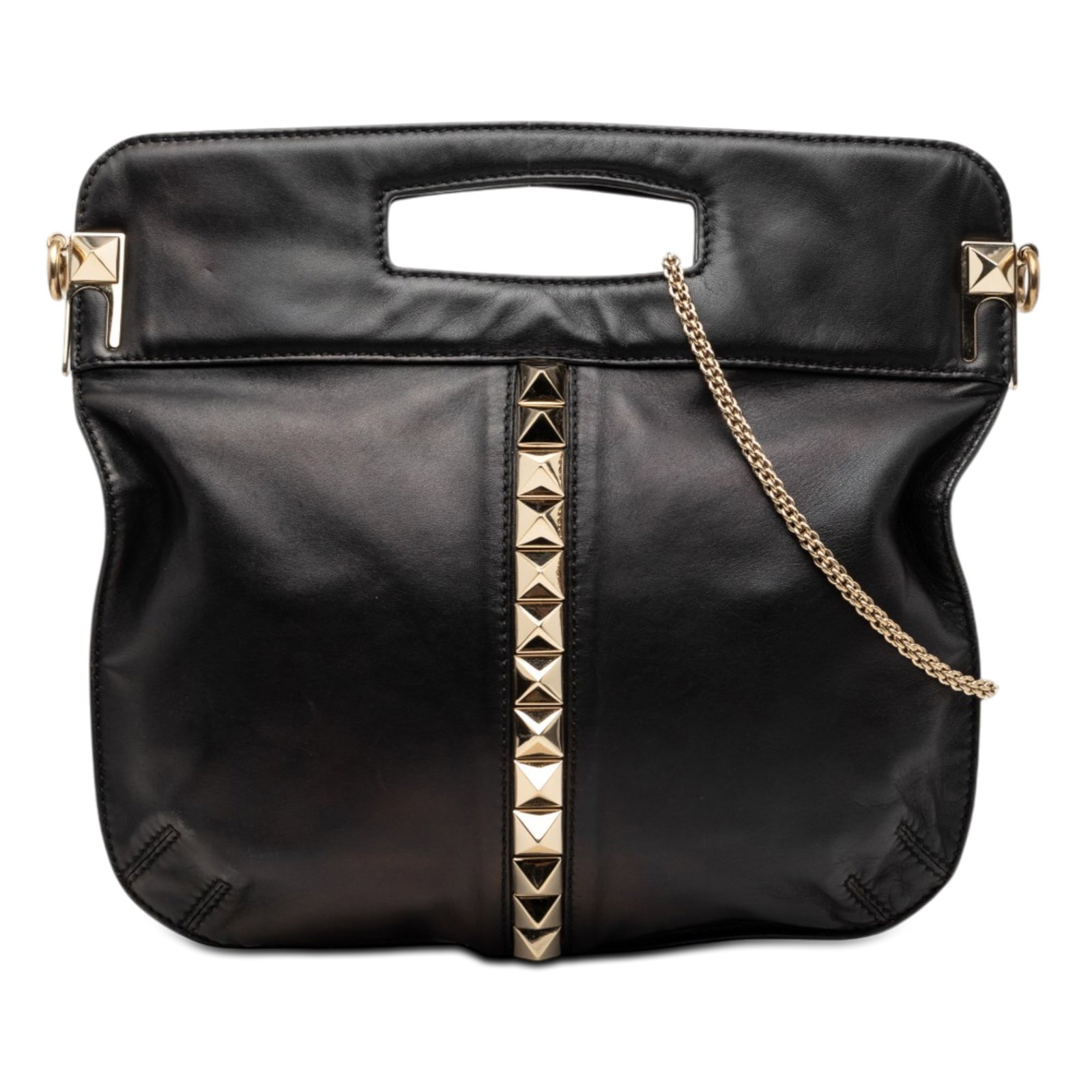 Valentino Rockstud leather satchel with cutout handle and chain strap: Valentino Rockstud leather satchel with cutout handle and chain strap Valentino Smooth Calfskin Rockstud Cut Out Handle Satchel in black leather with stud details and a distinctive cut out handle. The